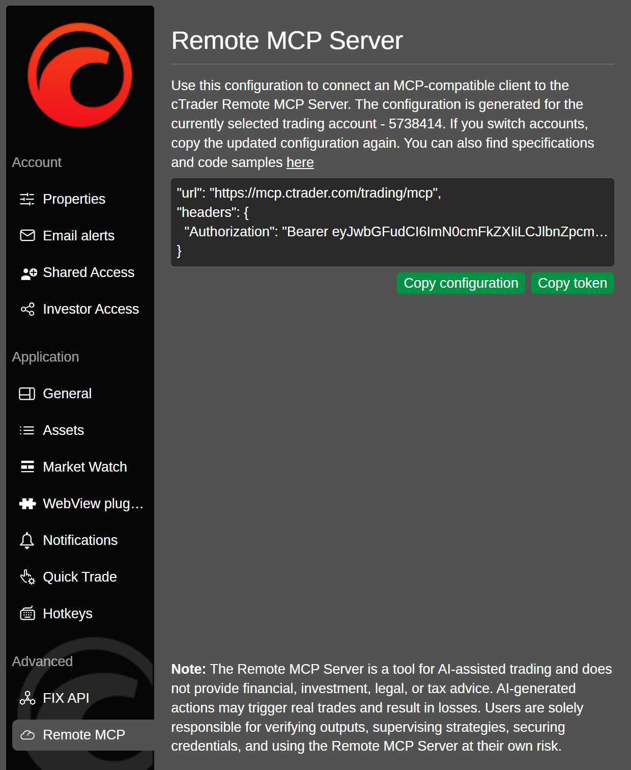 Remote MCP server settings in cTrader Web