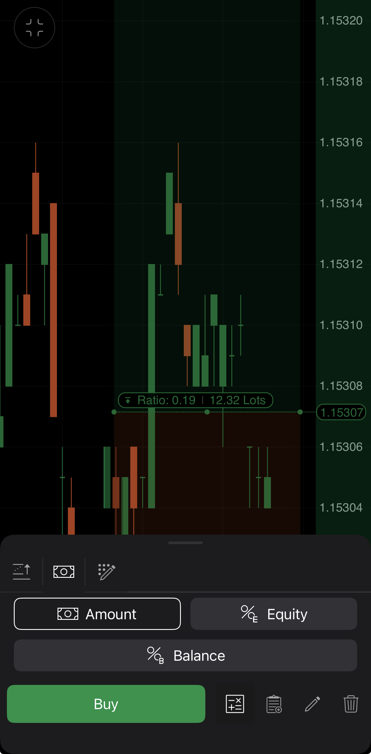 Choosing to size a trade by amount, equity or balance in cTrader Mobile