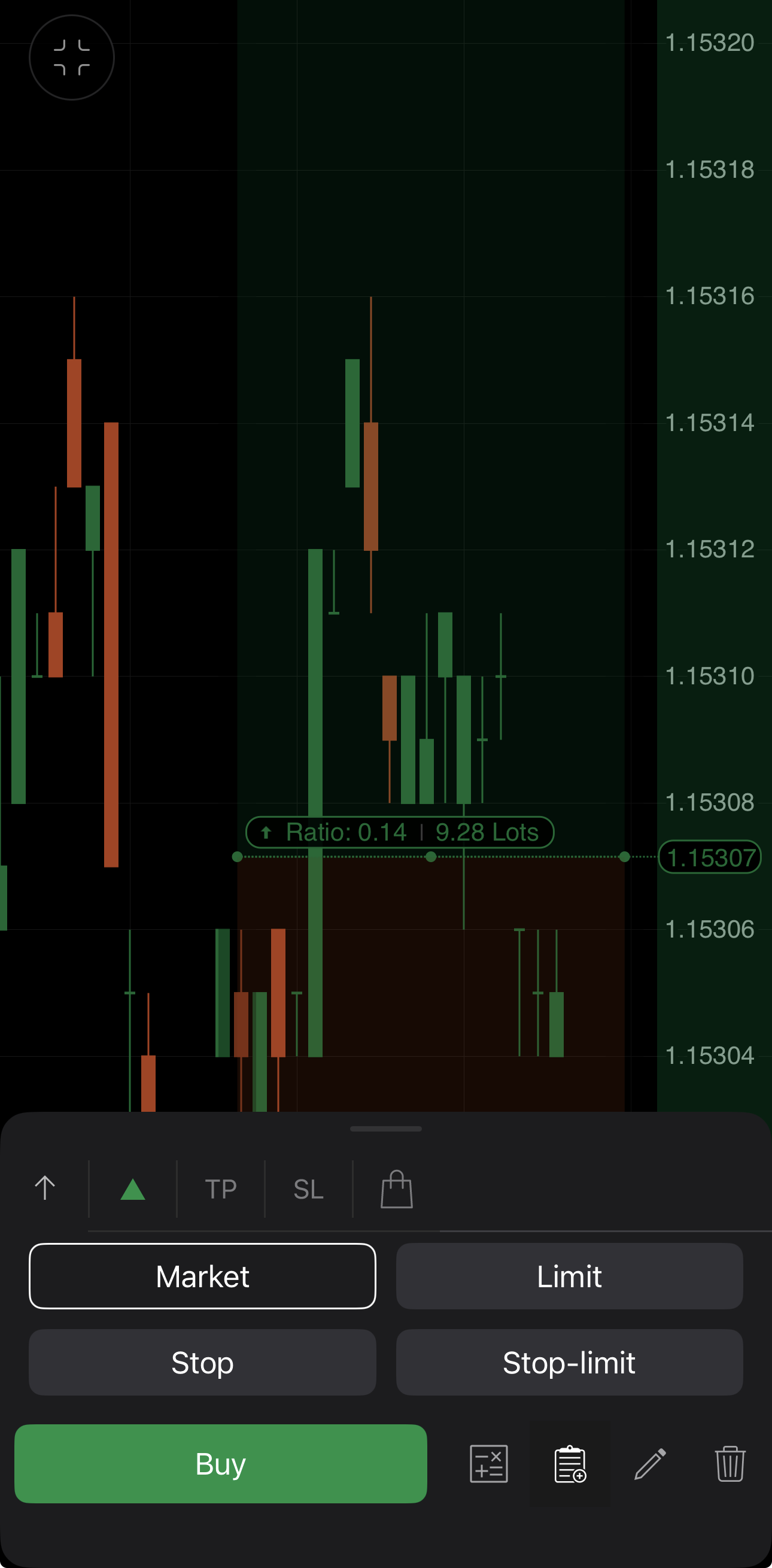Choosing an order type in the risk-reward tool in cTrader Mobile