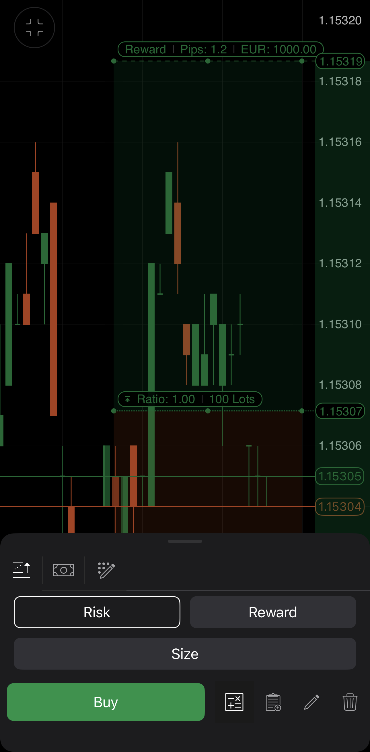 Choosing what to pin in the risk-reward tool in cTrader Mobile