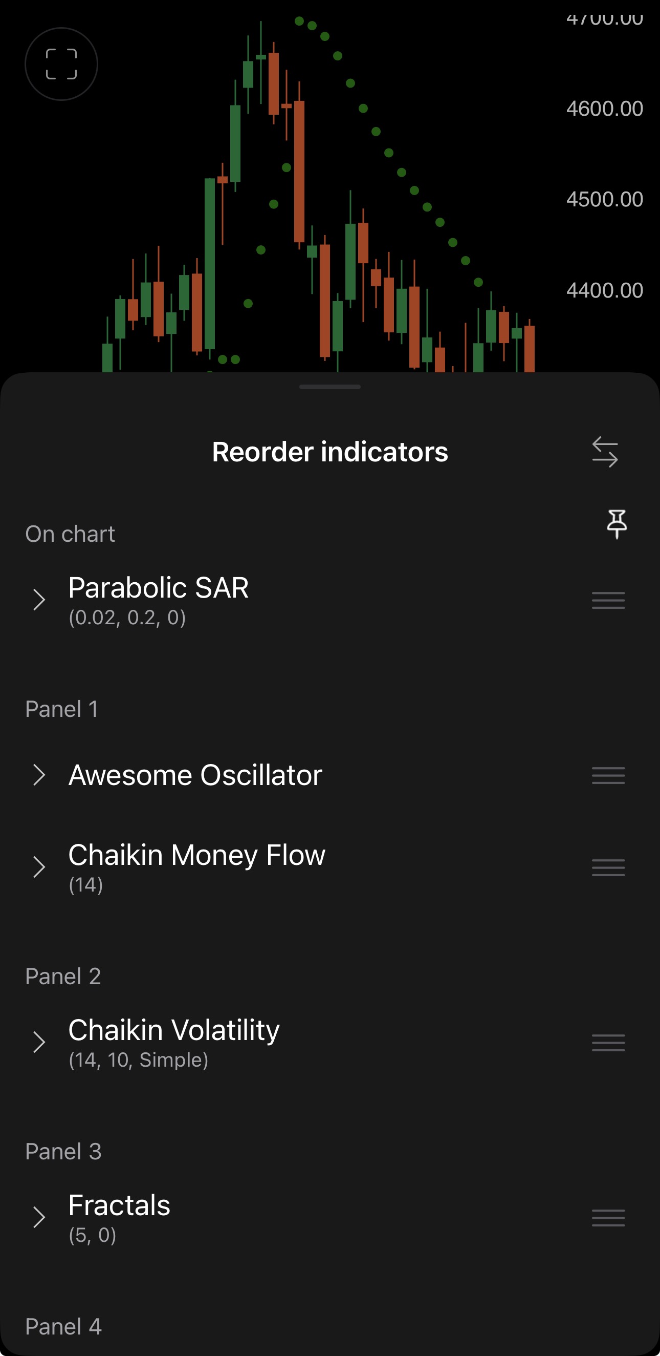 The Reorder indicators sheet in cTrader Mobile