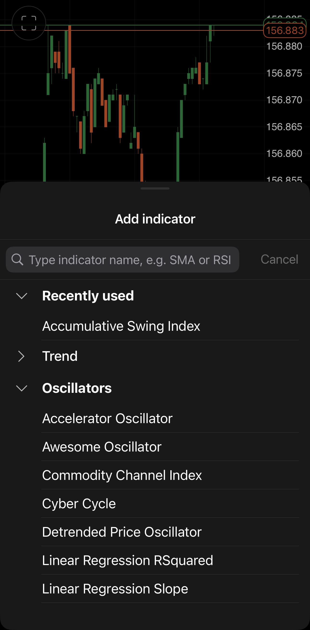 The Add indicator sheet in cTrader Mobile