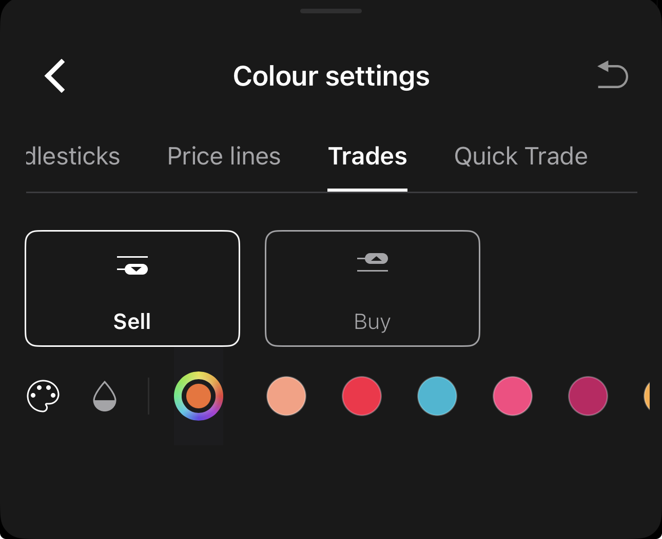 Trade colour settings in cTrader Mobile