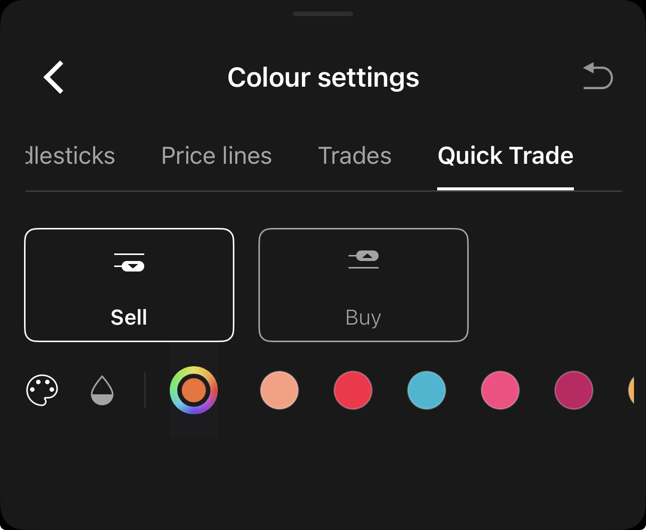 Quick Trade colour settings in cTrader Mobile