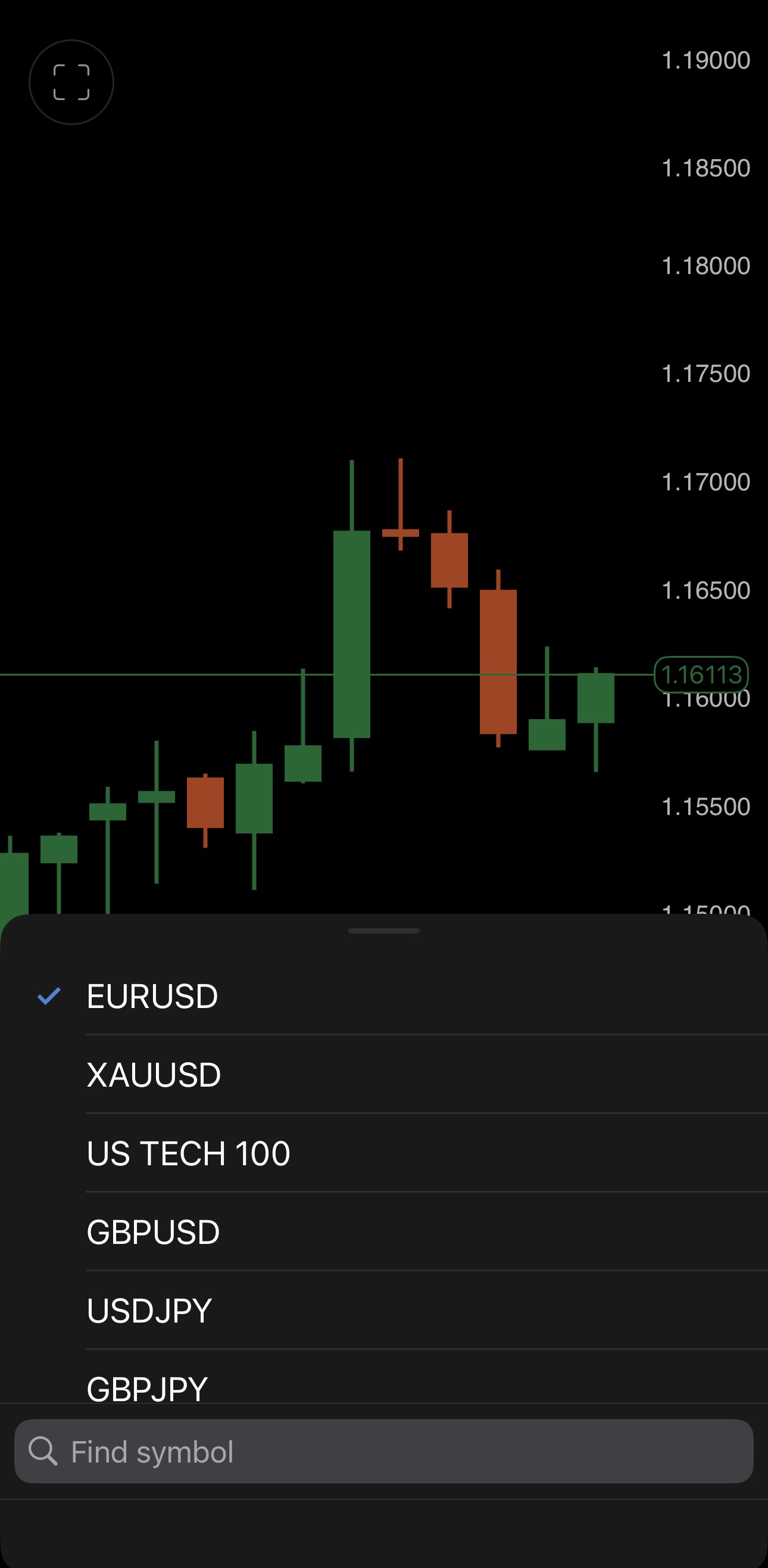 The symbol selector on a chart in cTrader Mobile