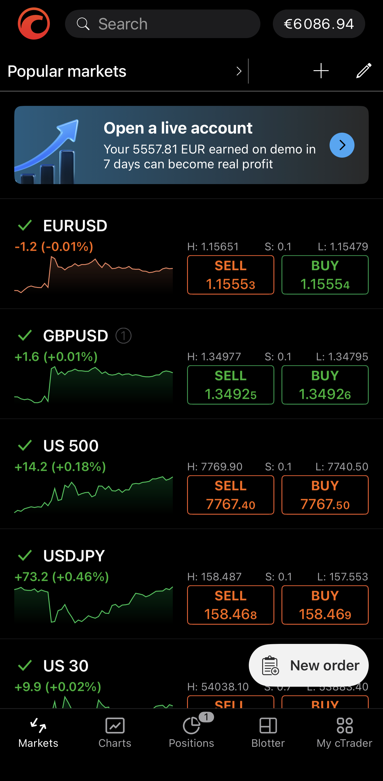 The Open a live account ribbon above a watchlist in cTrader Mobile