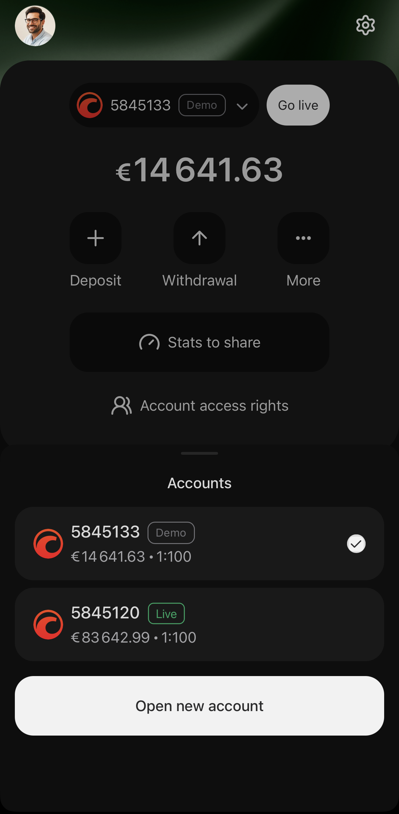 Open new account at the foot of the account selector in cTrader Mobile