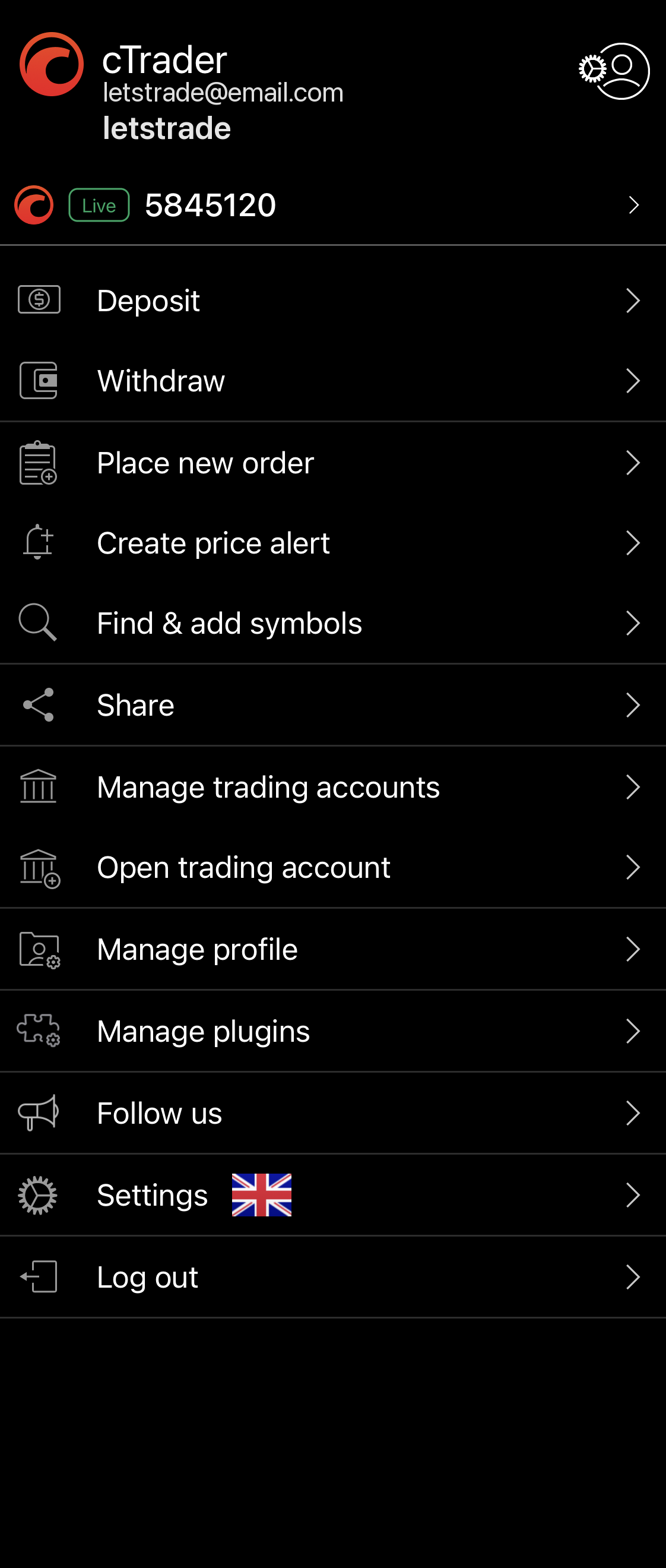 Open trading account in the main menu of cTrader Mobile