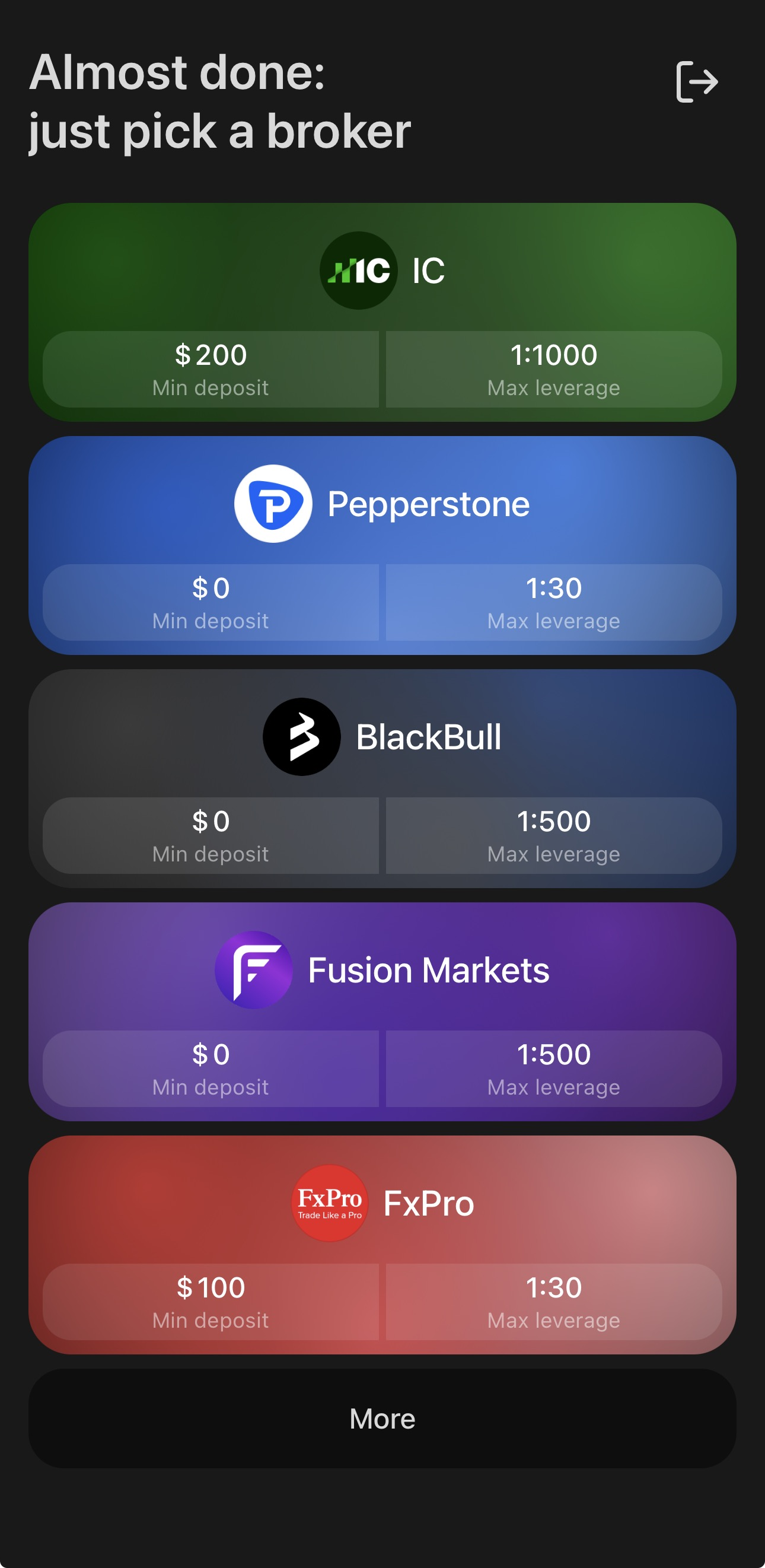 The broker-choosing screen in cTrader Mobile