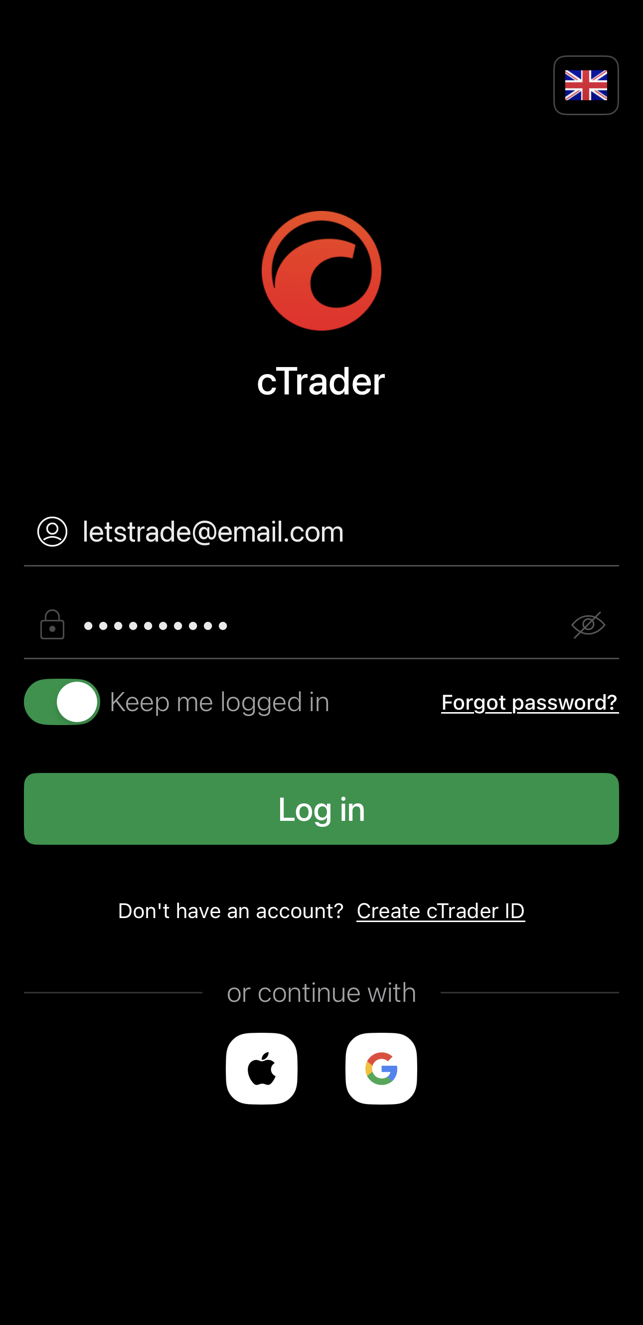 The email login screen in cTrader Mobile