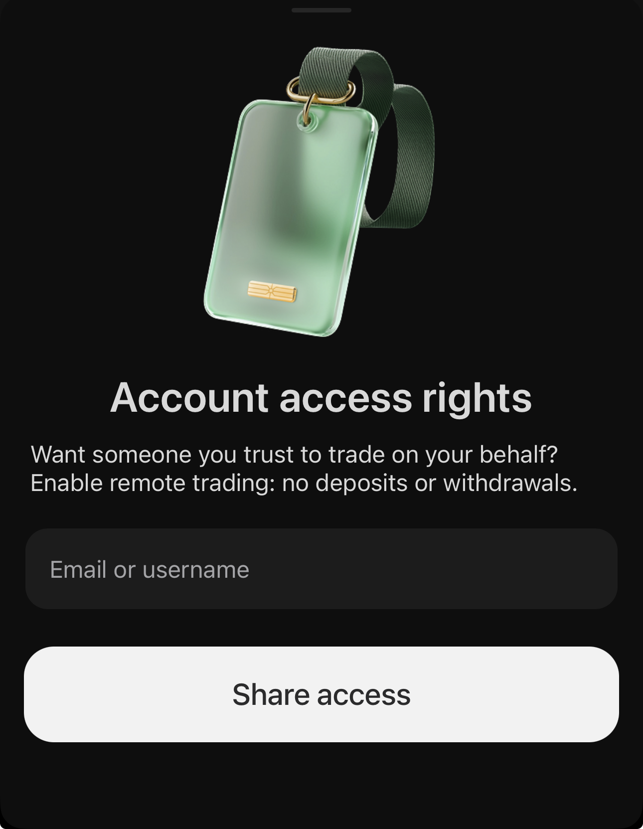 The Account access rights screen in cTrader Mobile