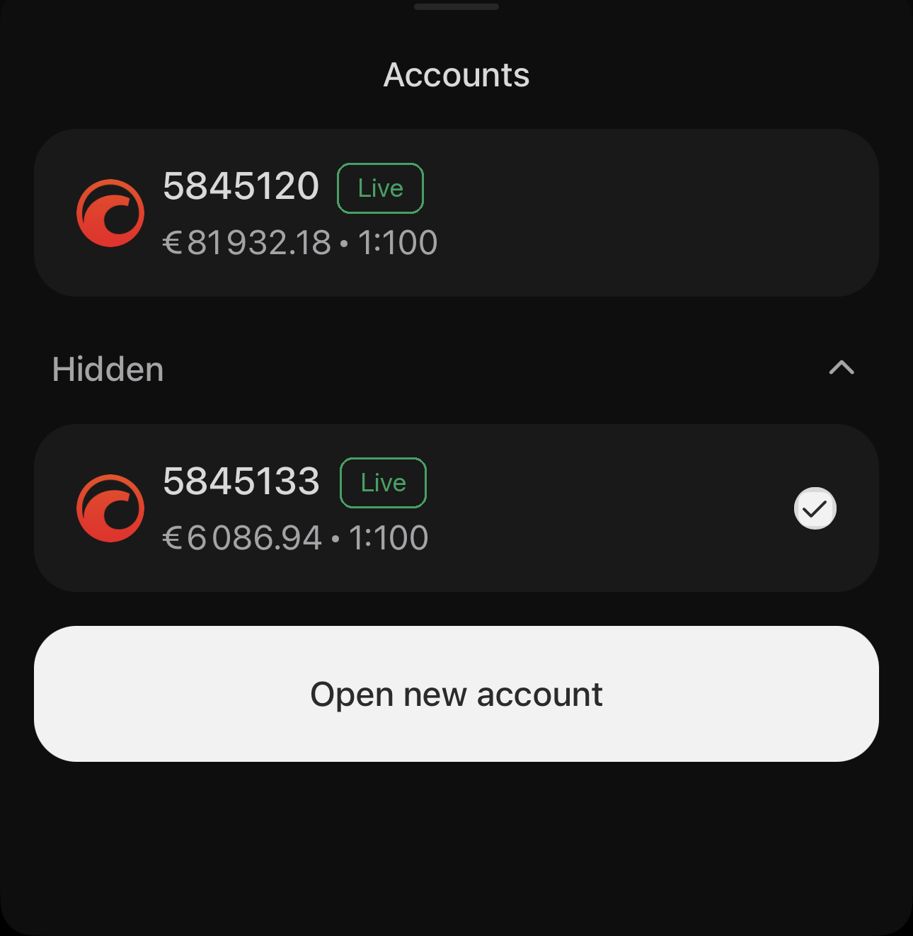 The Hidden group expanded, showing the active account inside it