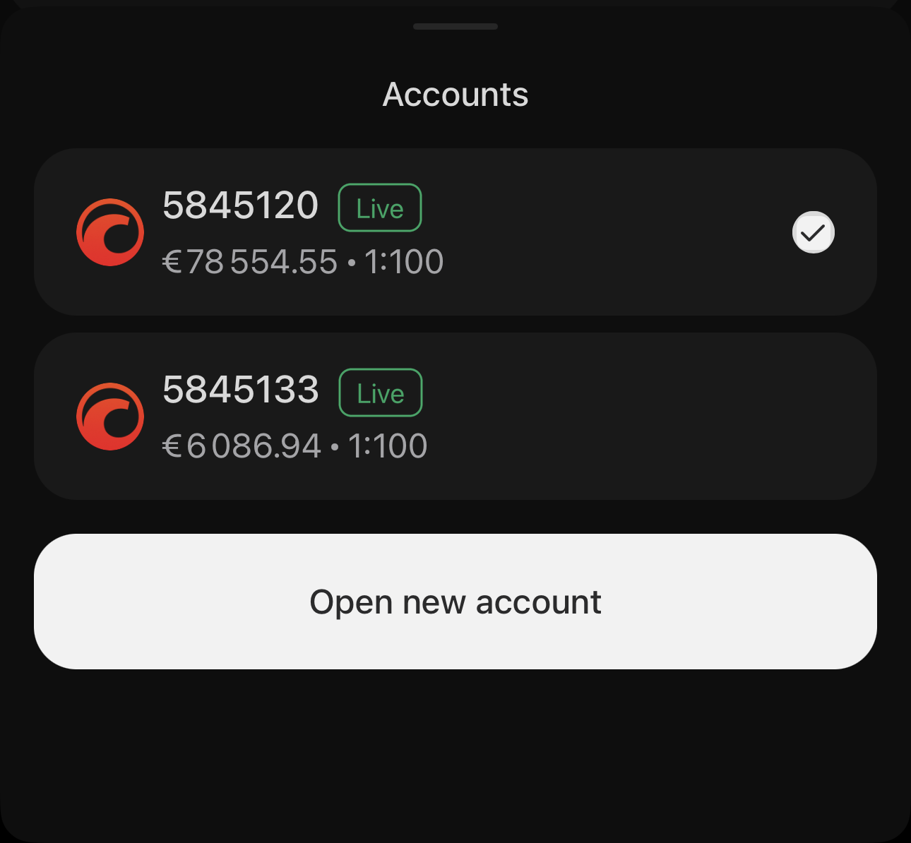 The account selector in cTrader Mobile