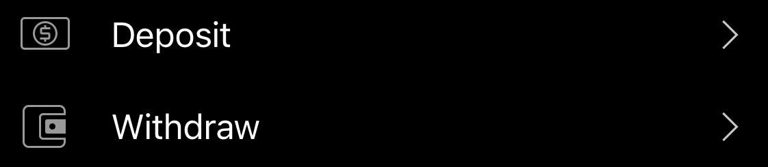 The Deposit and Withdraw rows in the main menu of cTrader Mobile