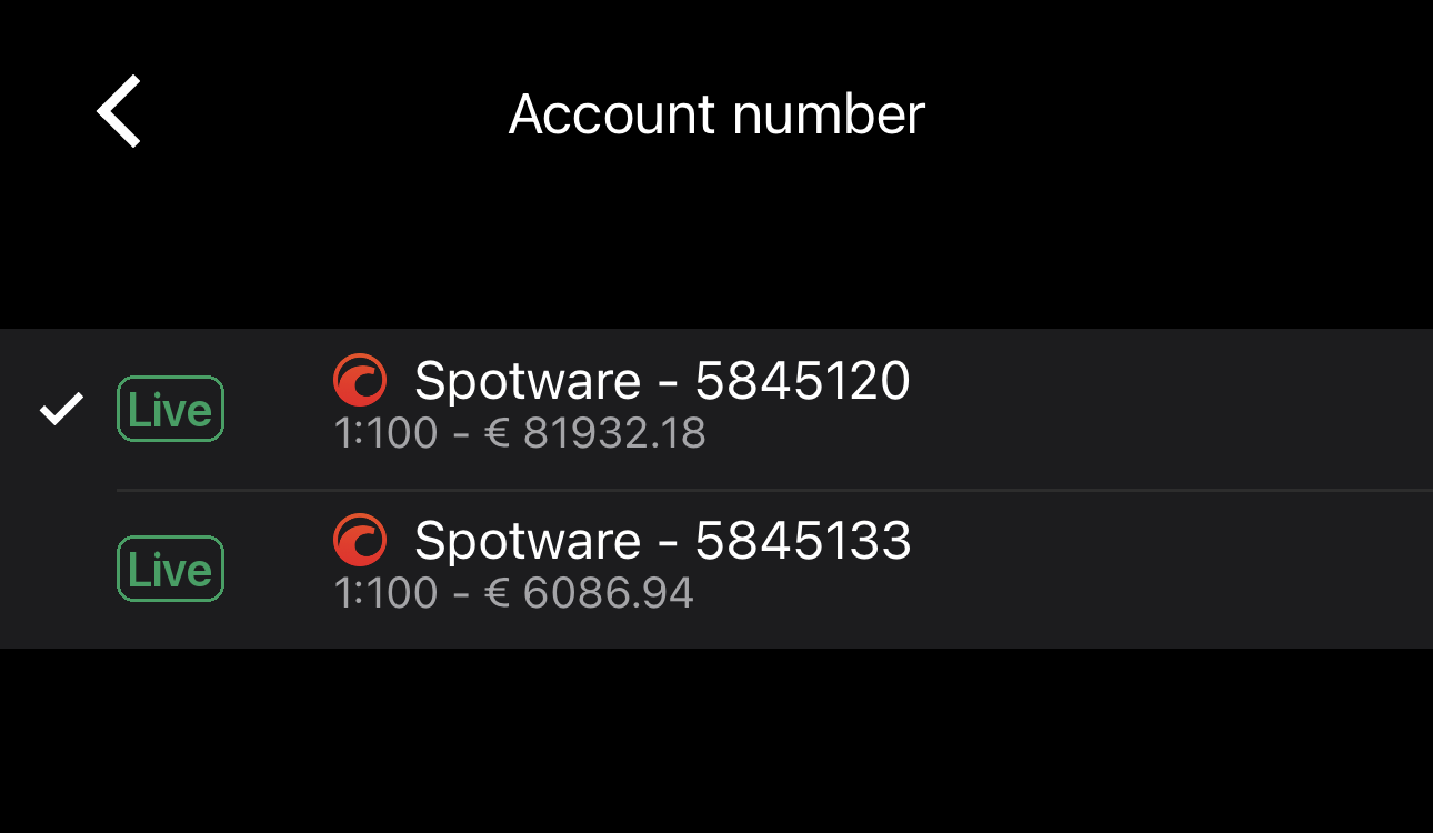 The Account number screen in cTrader Mobile