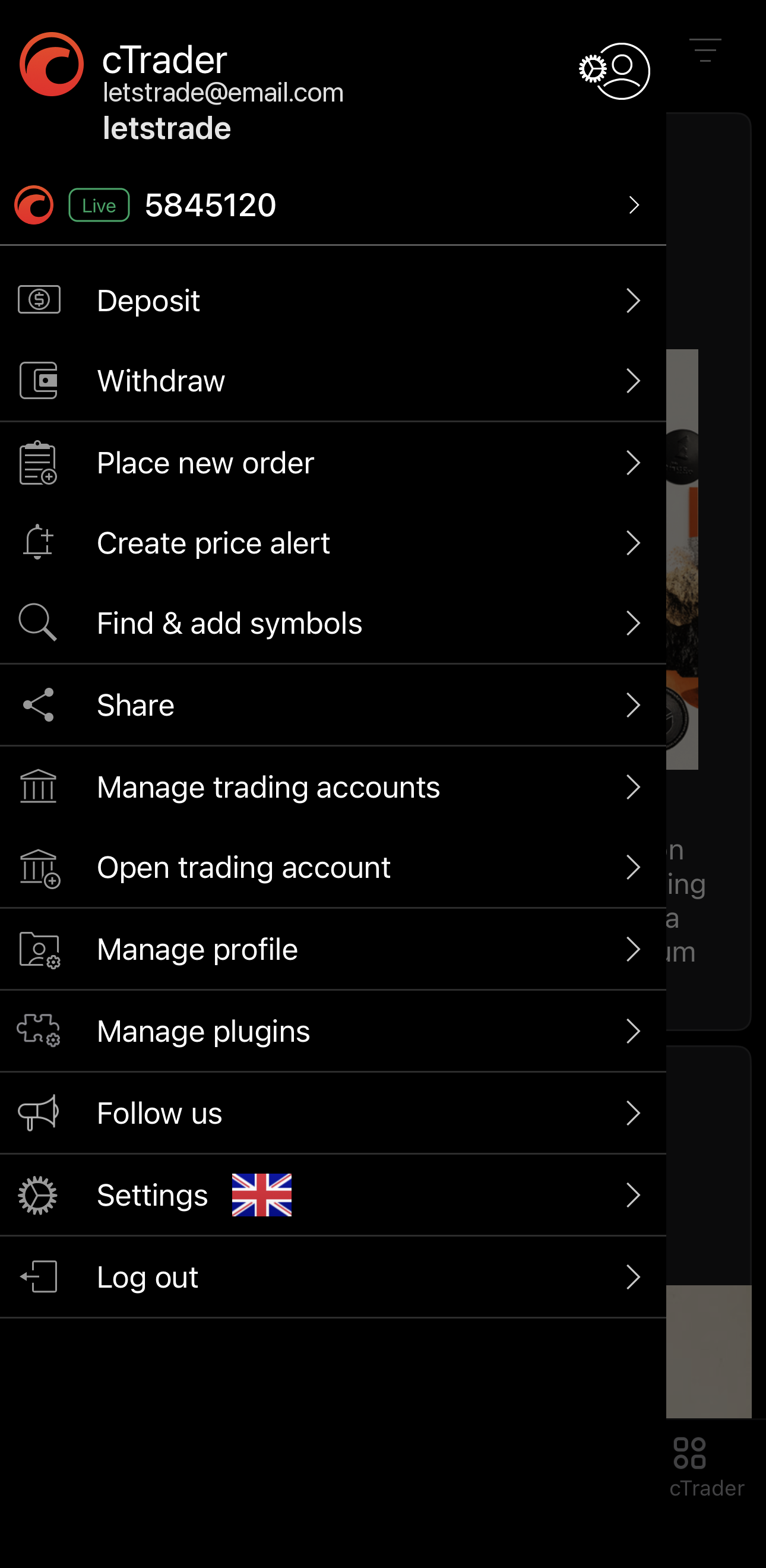 The main menu in cTrader Mobile
