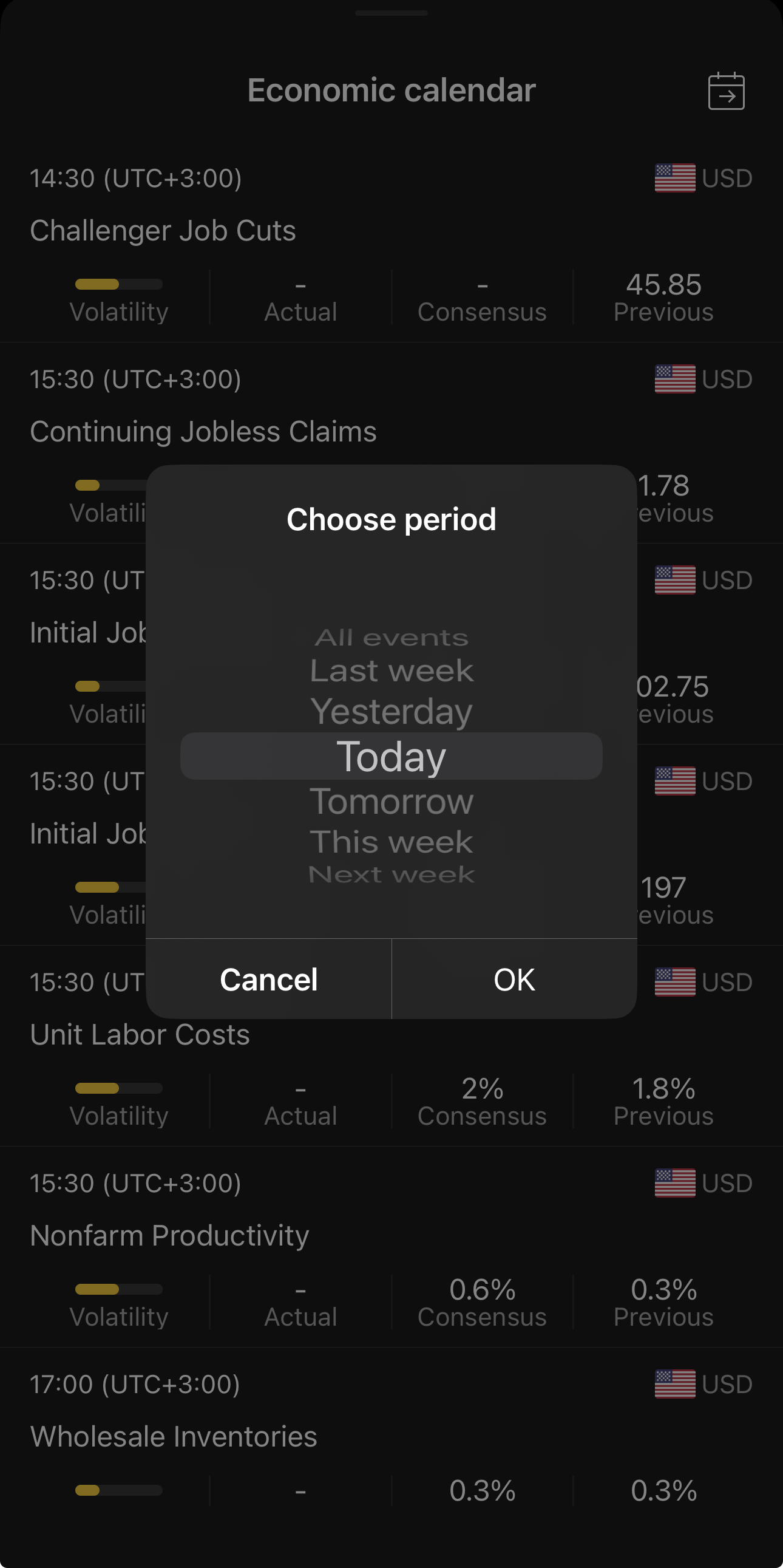 The Choose period sheet in the economic calendar