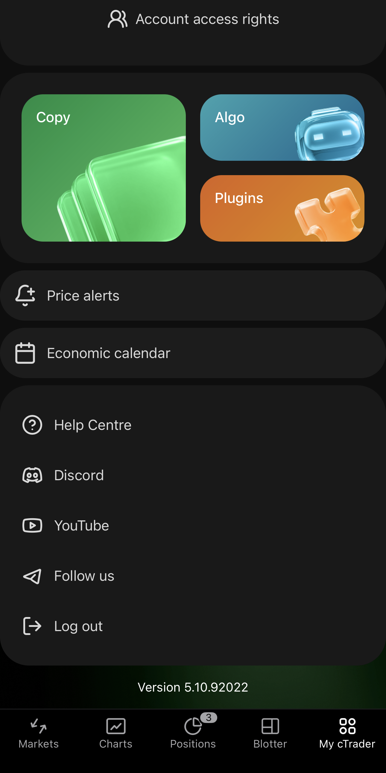 Help Centre, Discord, YouTube, Follow us and Log out at the foot of the My cTrader screen