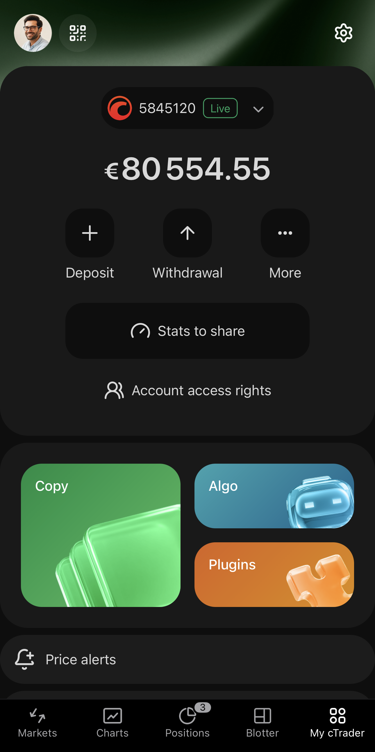 The My cTrader screen in cTrader Mobile