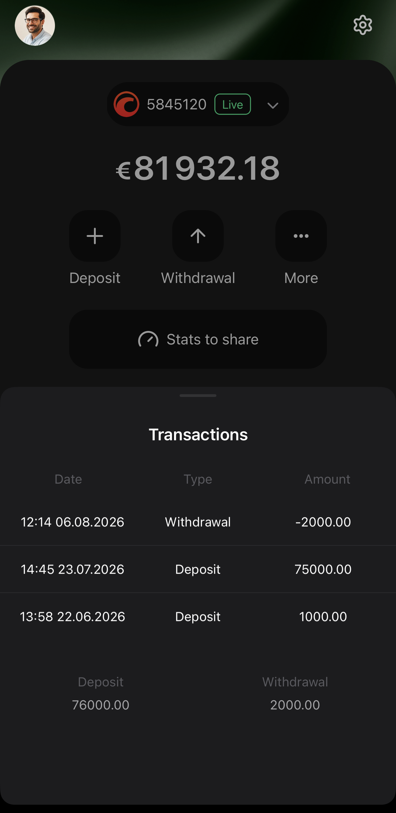 The Transactions sheet in cTrader Mobile