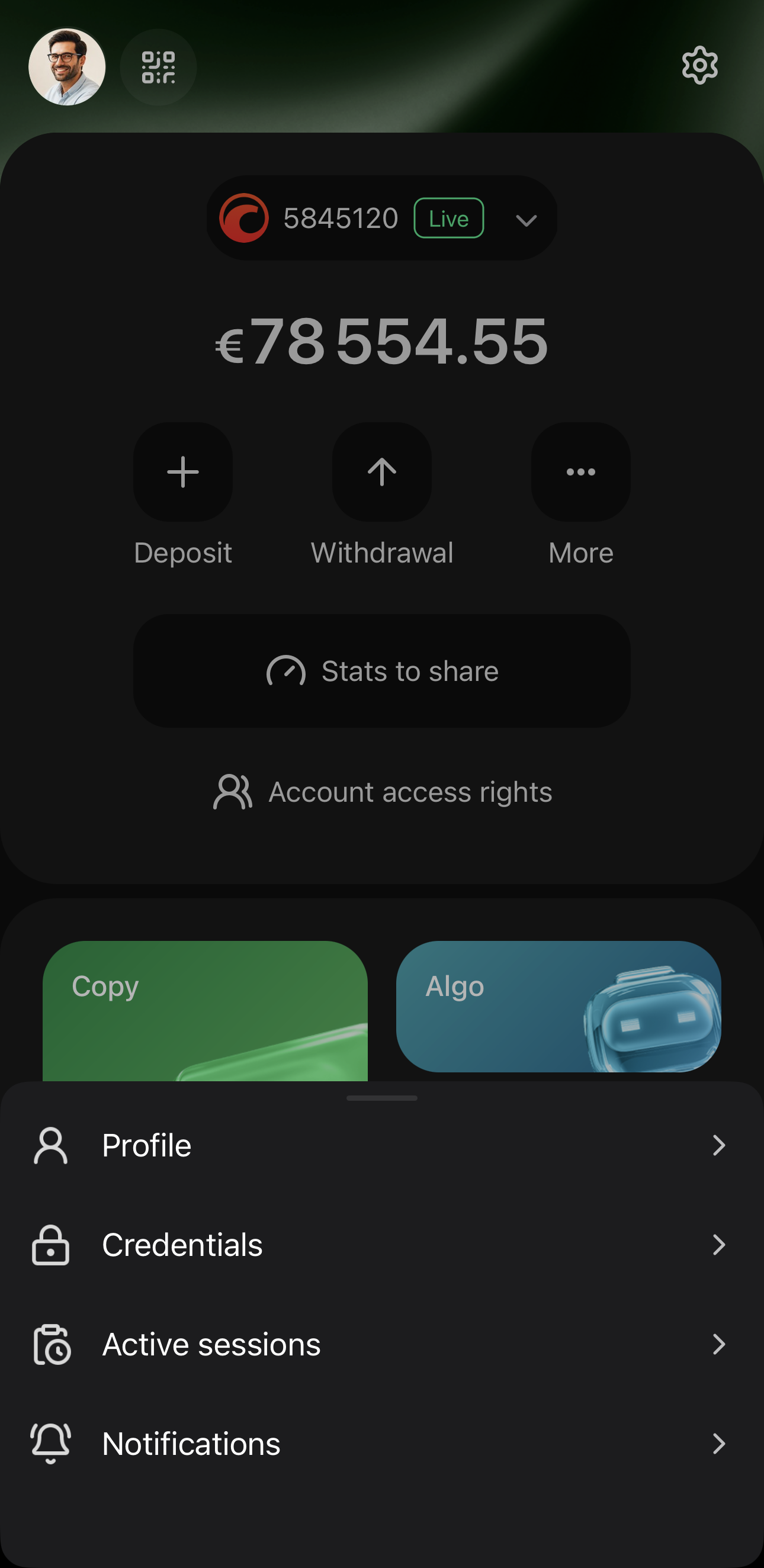 The profile menu in cTrader Mobile