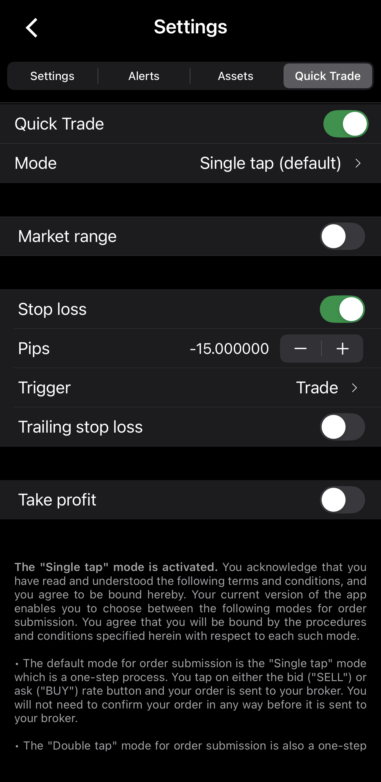 The Quick Trade tab in cTrader Mobile