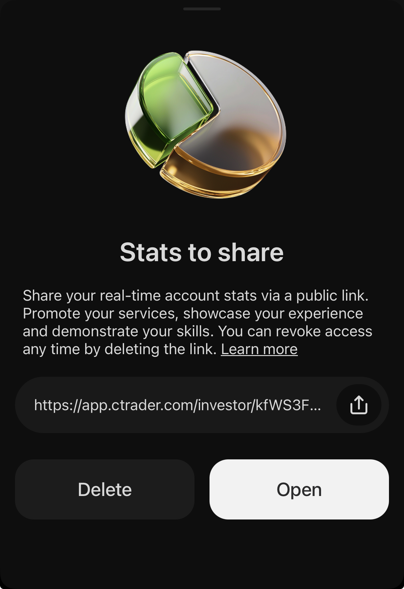 The generated statistics link with Delete, Open and Share controls