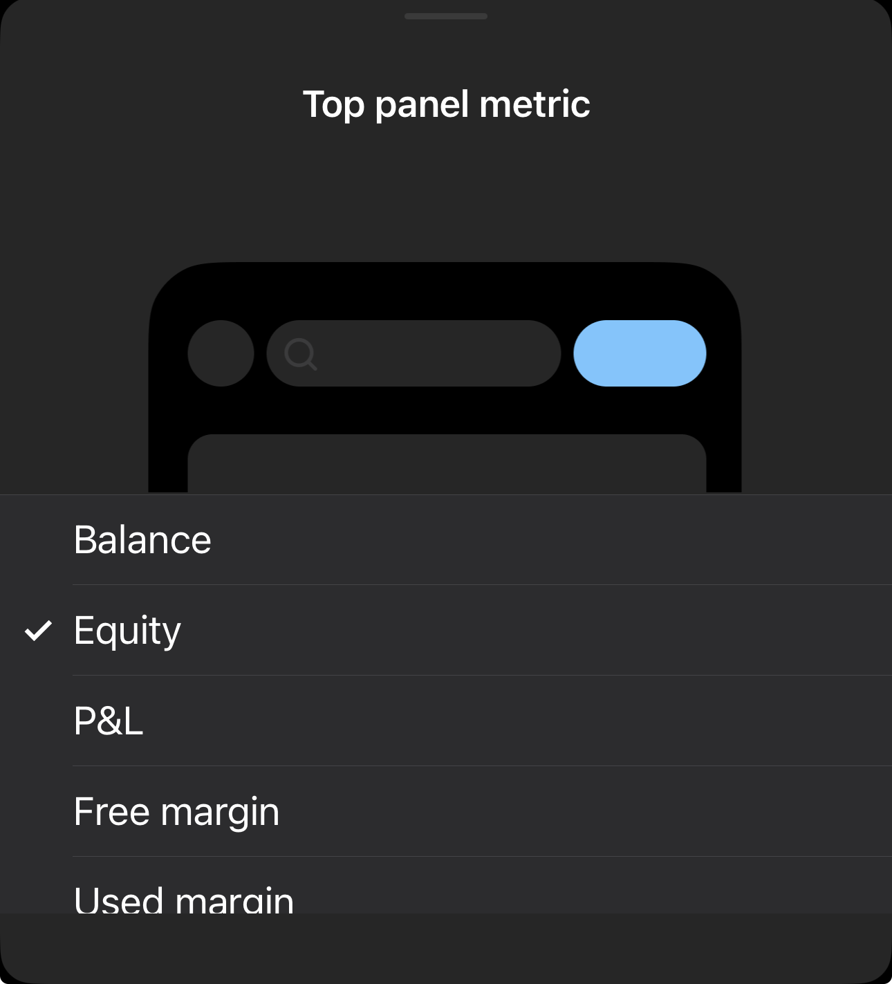 The Top panel metric sheet in cTrader Mobile