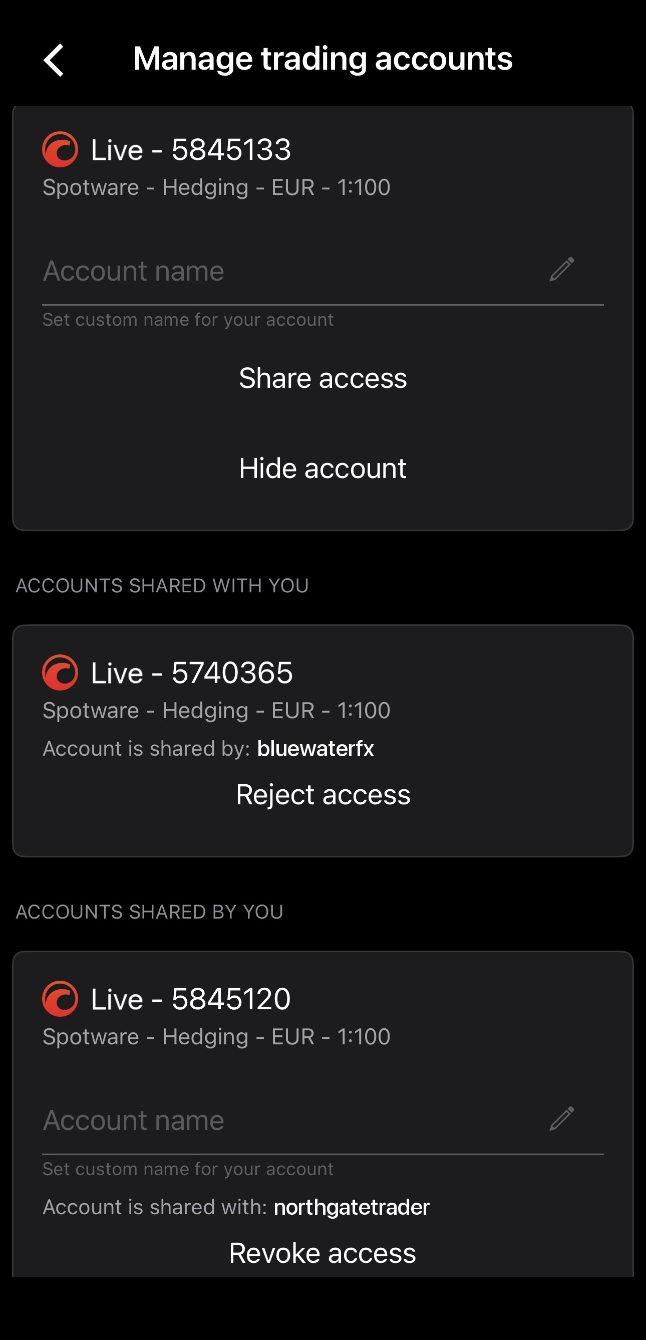 Manage trading accounts showing an account shared with you and an account shared by you
