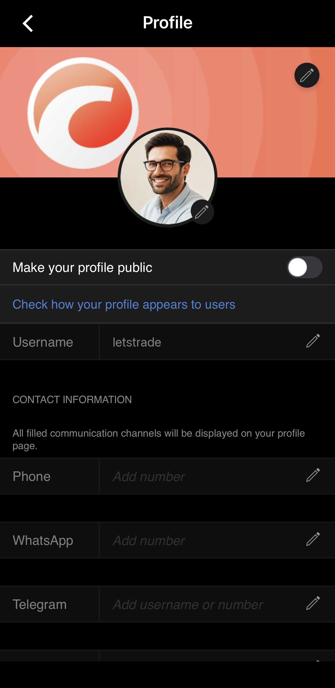 The Profile screen with the cover image, username and Make your profile public