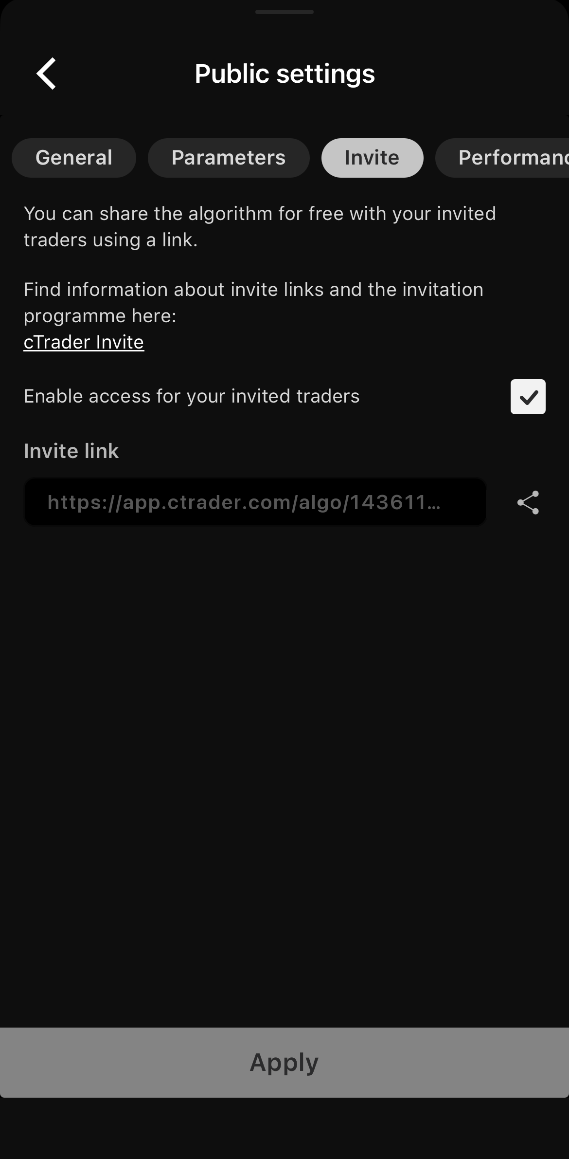 The Invite tab with access enabled and the Invite link below it