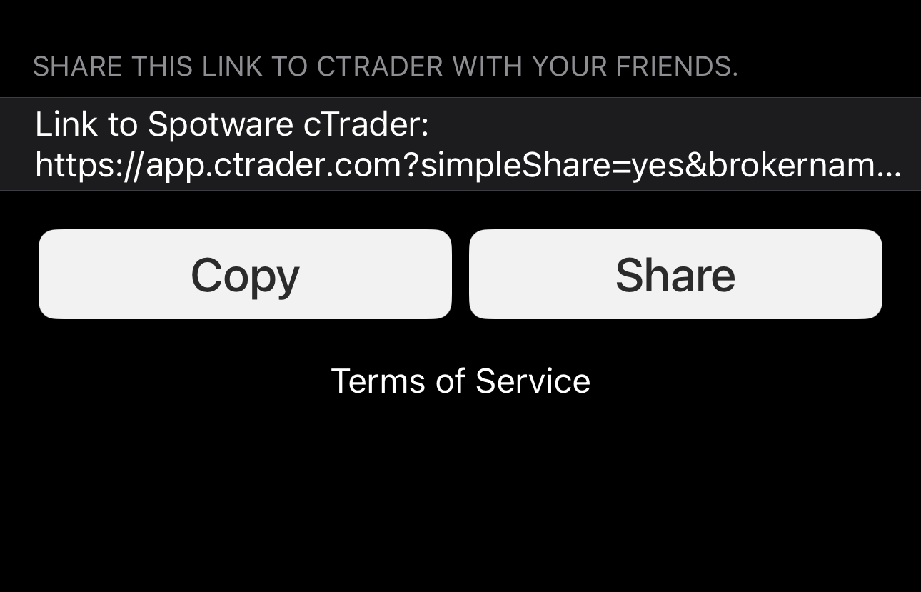 The Share screen with the link to cTrader, Copy and Share