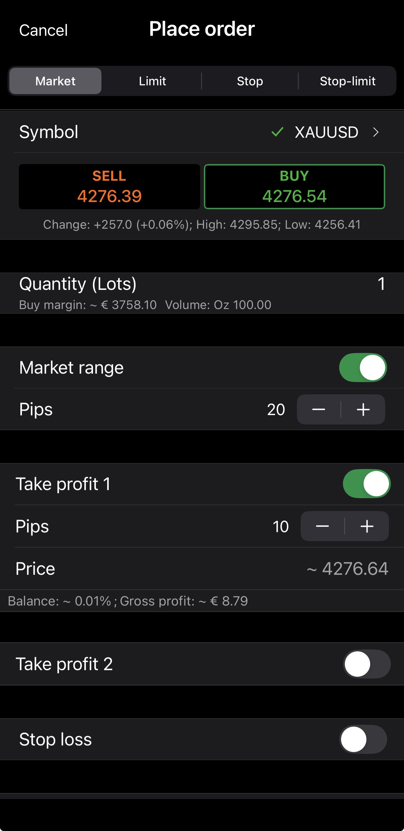 The Share control beside Place order in cTrader Mobile