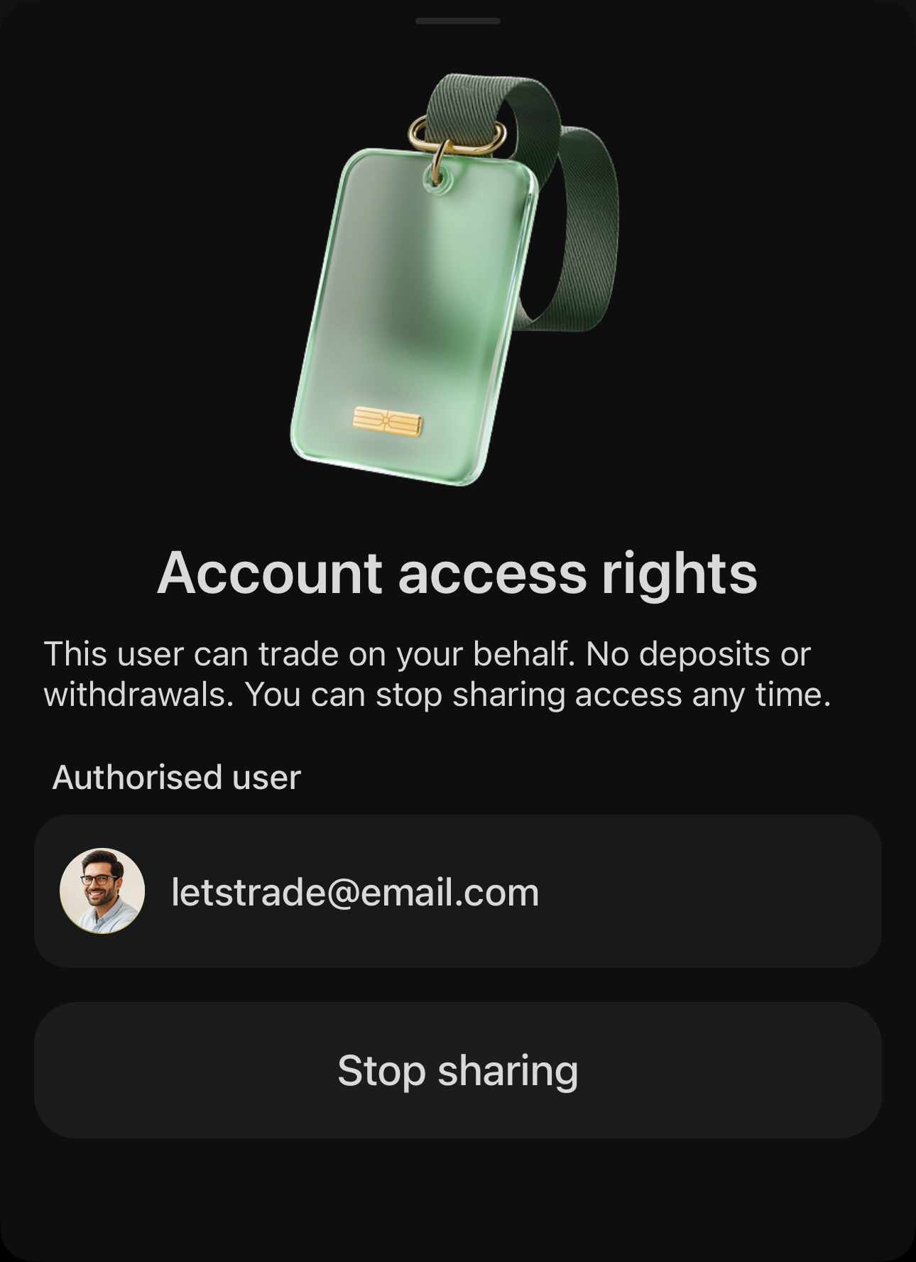 The Account access rights screen listing an authorised user and the Stop sharing control