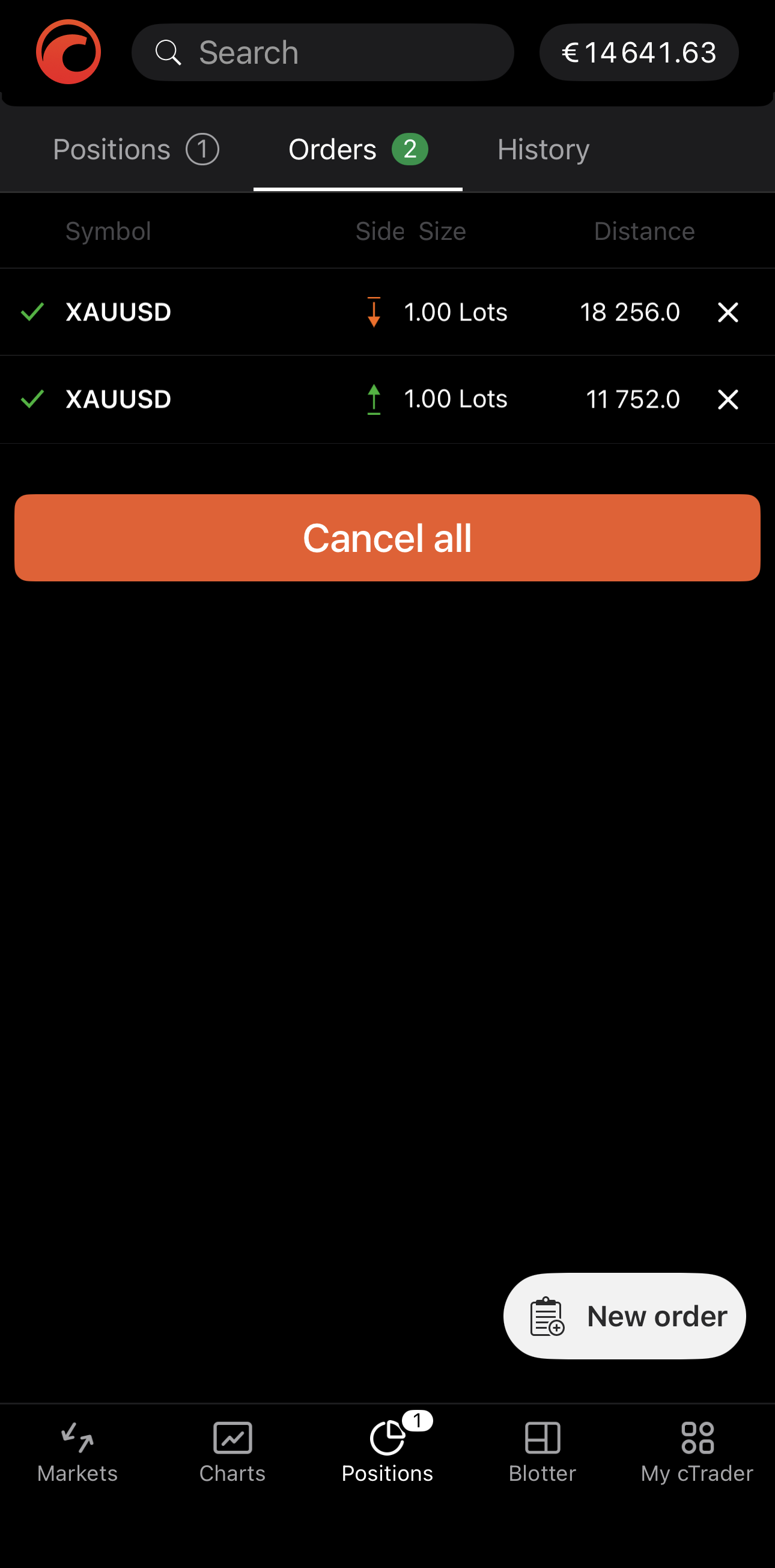 Cancelling an order from the Orders tab