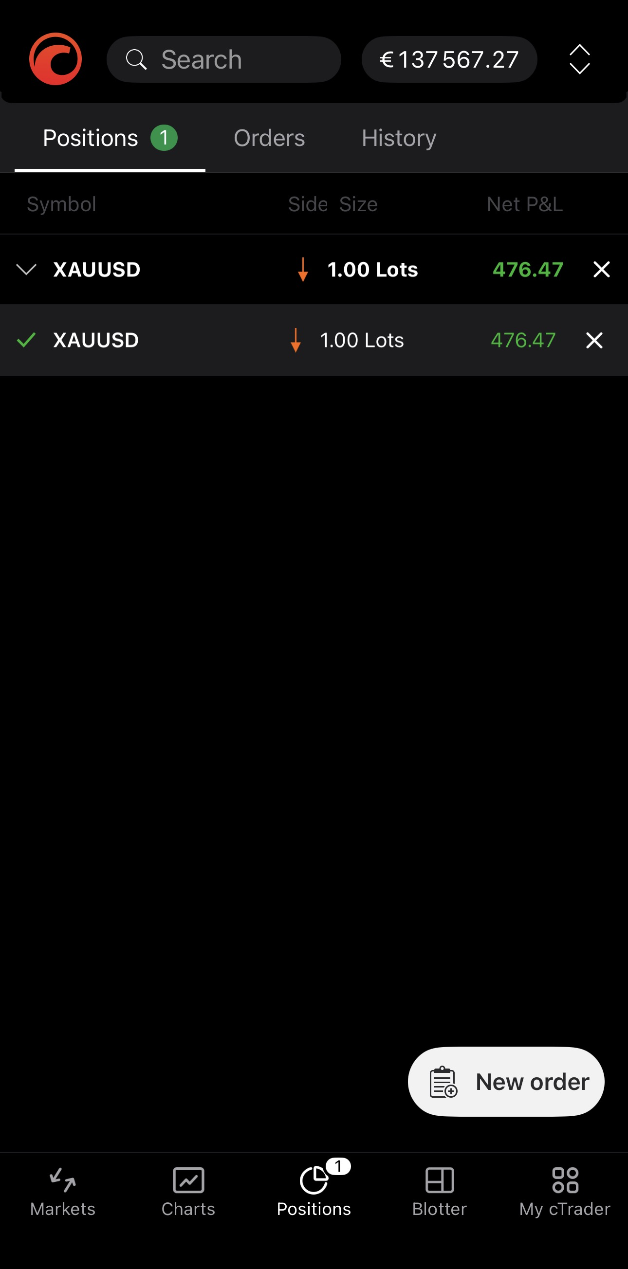 Closing one position from the Positions tab