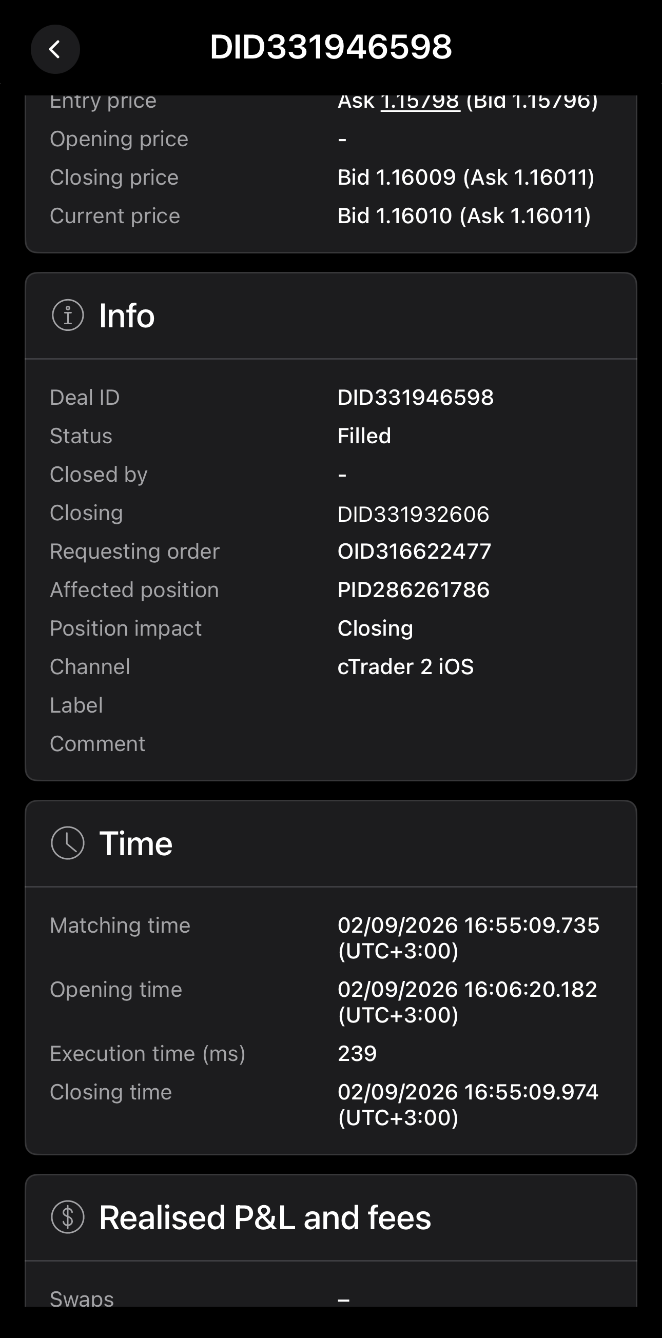Deal info and time in cTrader Mobile