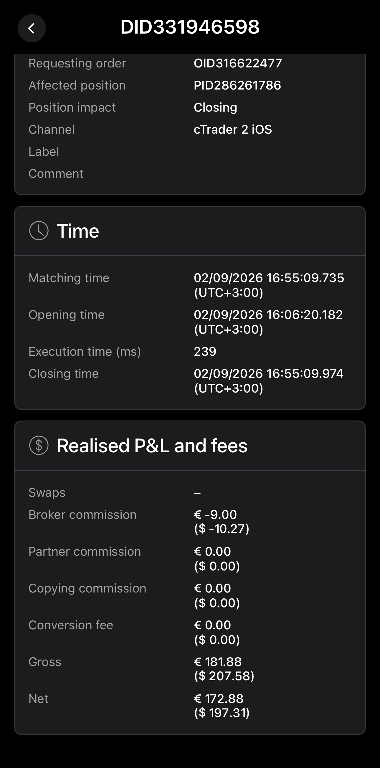 Realised P&L and fees in cTrader Mobile