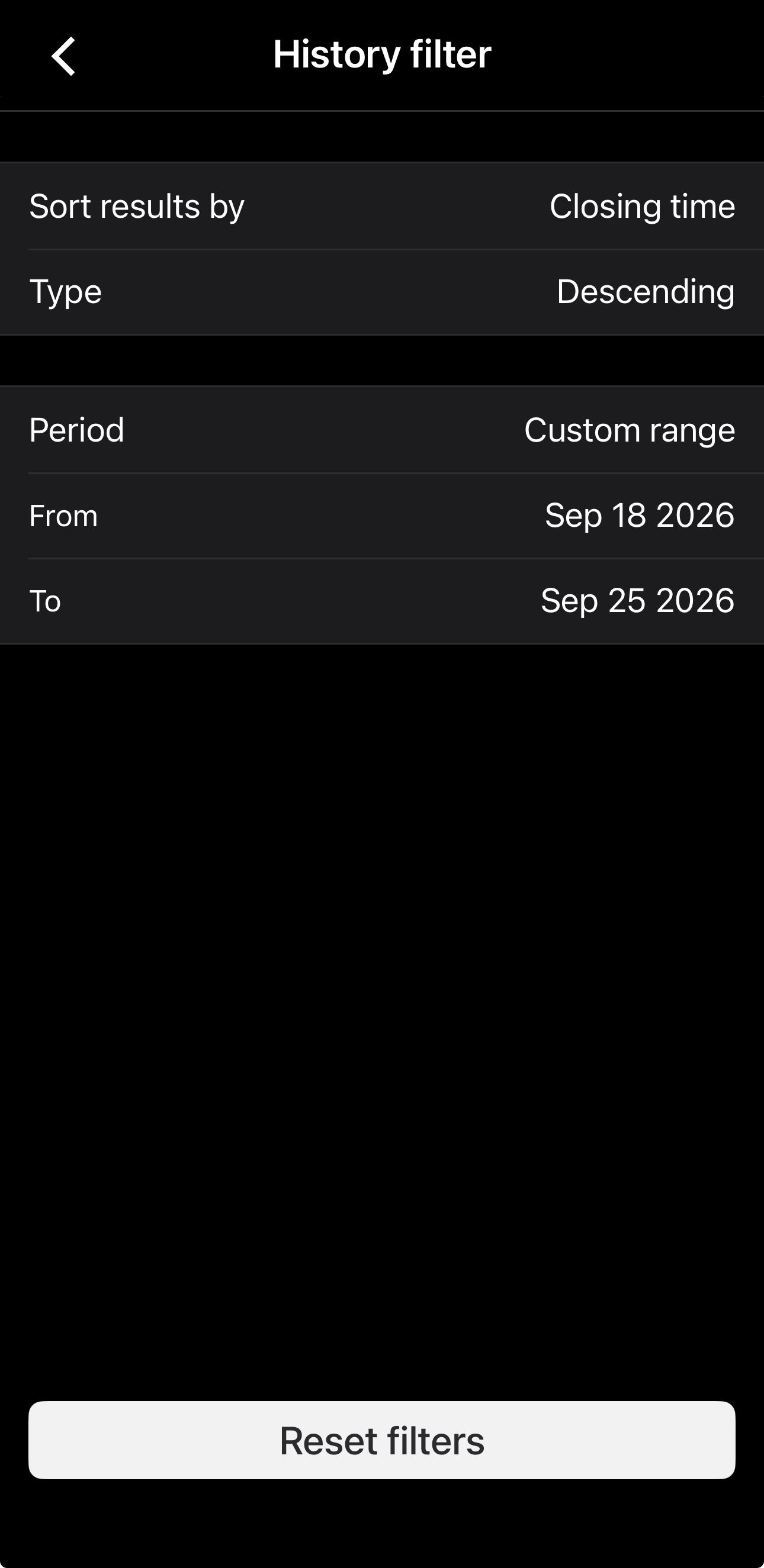 The History filter screen in cTrader Mobile