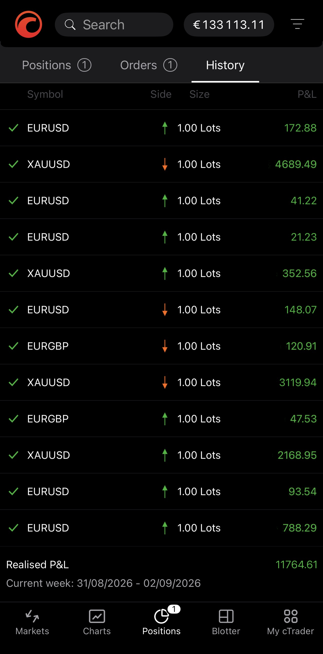 The History tab in cTrader Mobile