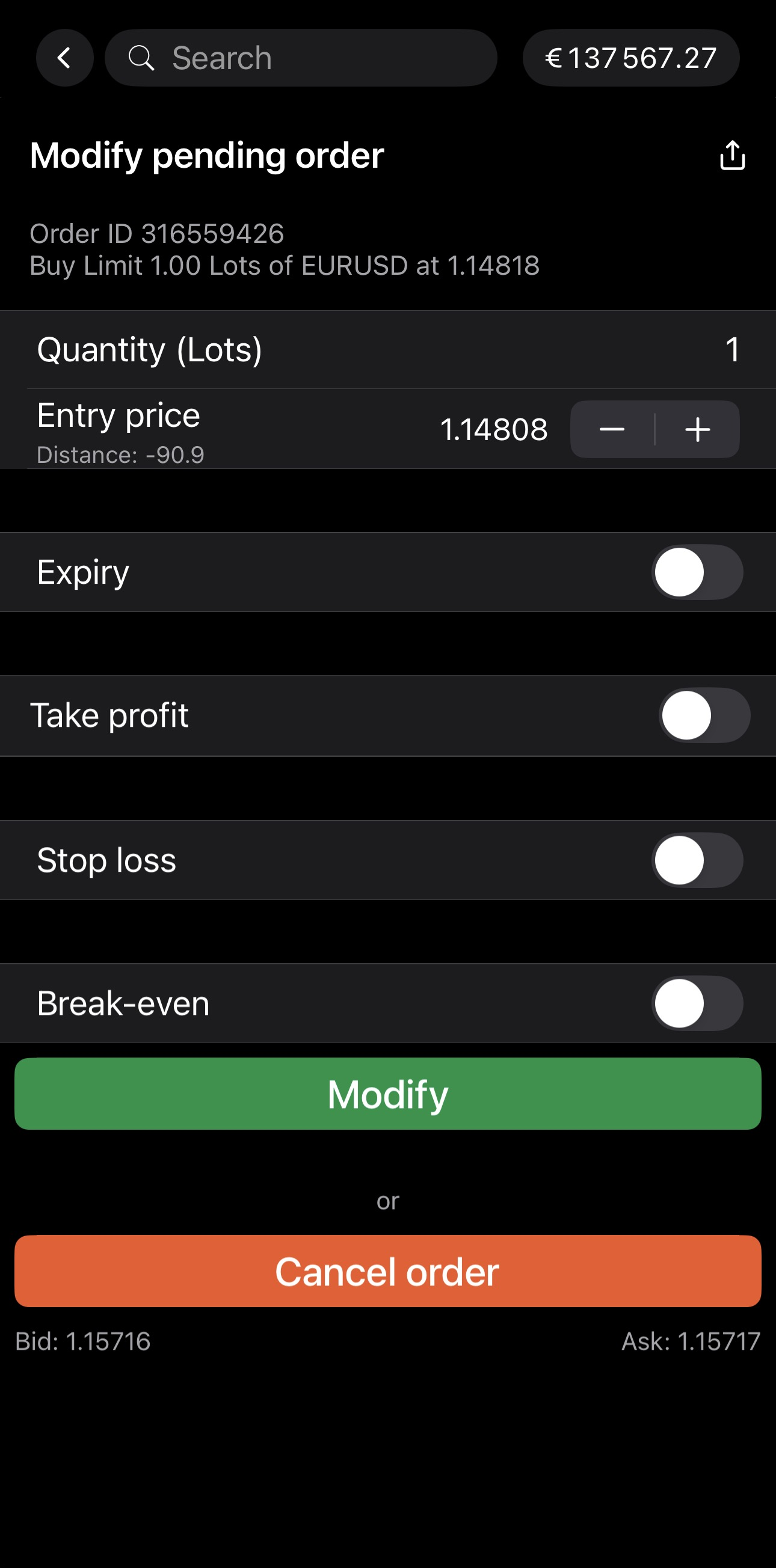 Modifying a pending order
