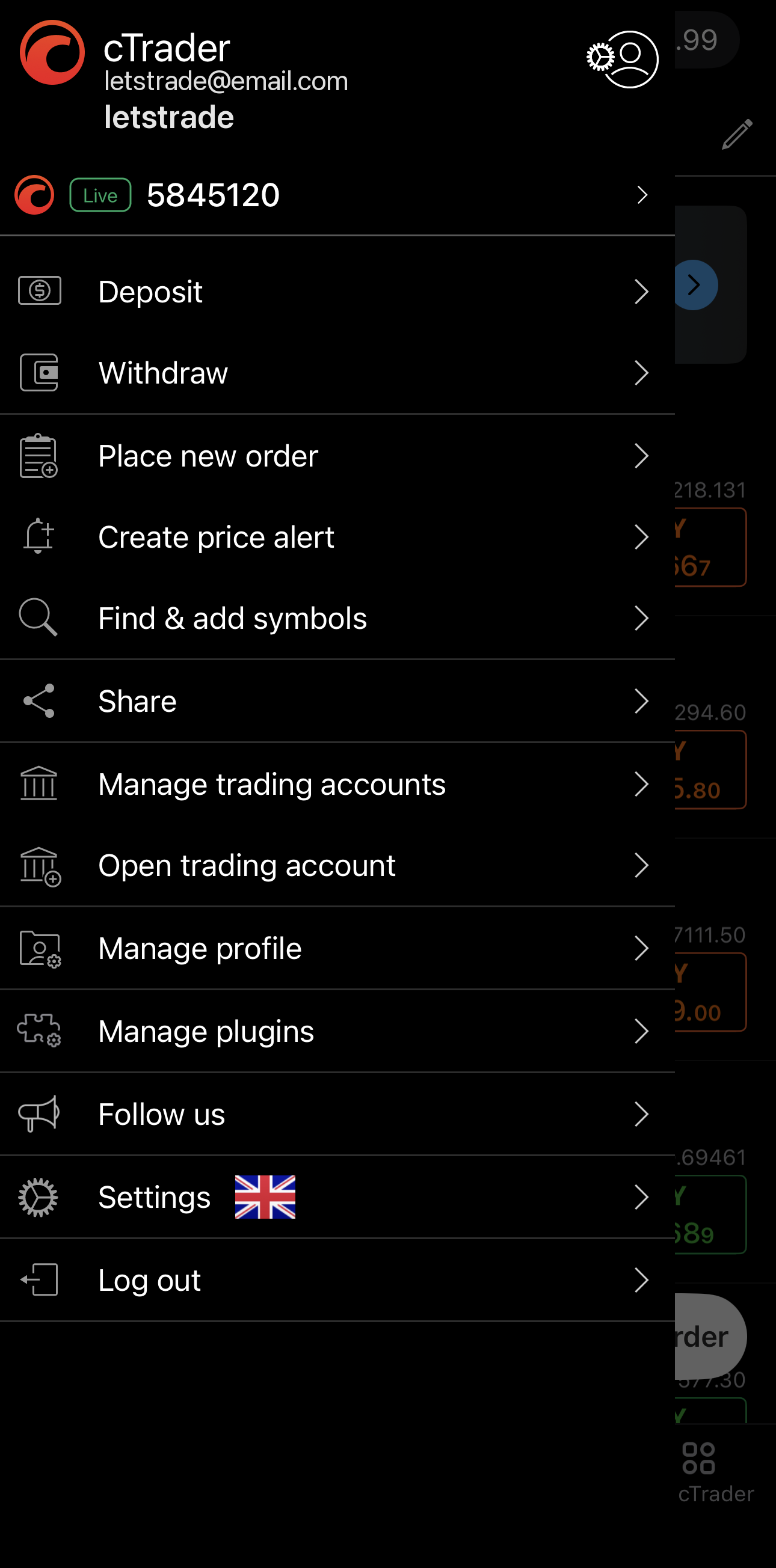 Placing a new order from the Main menu