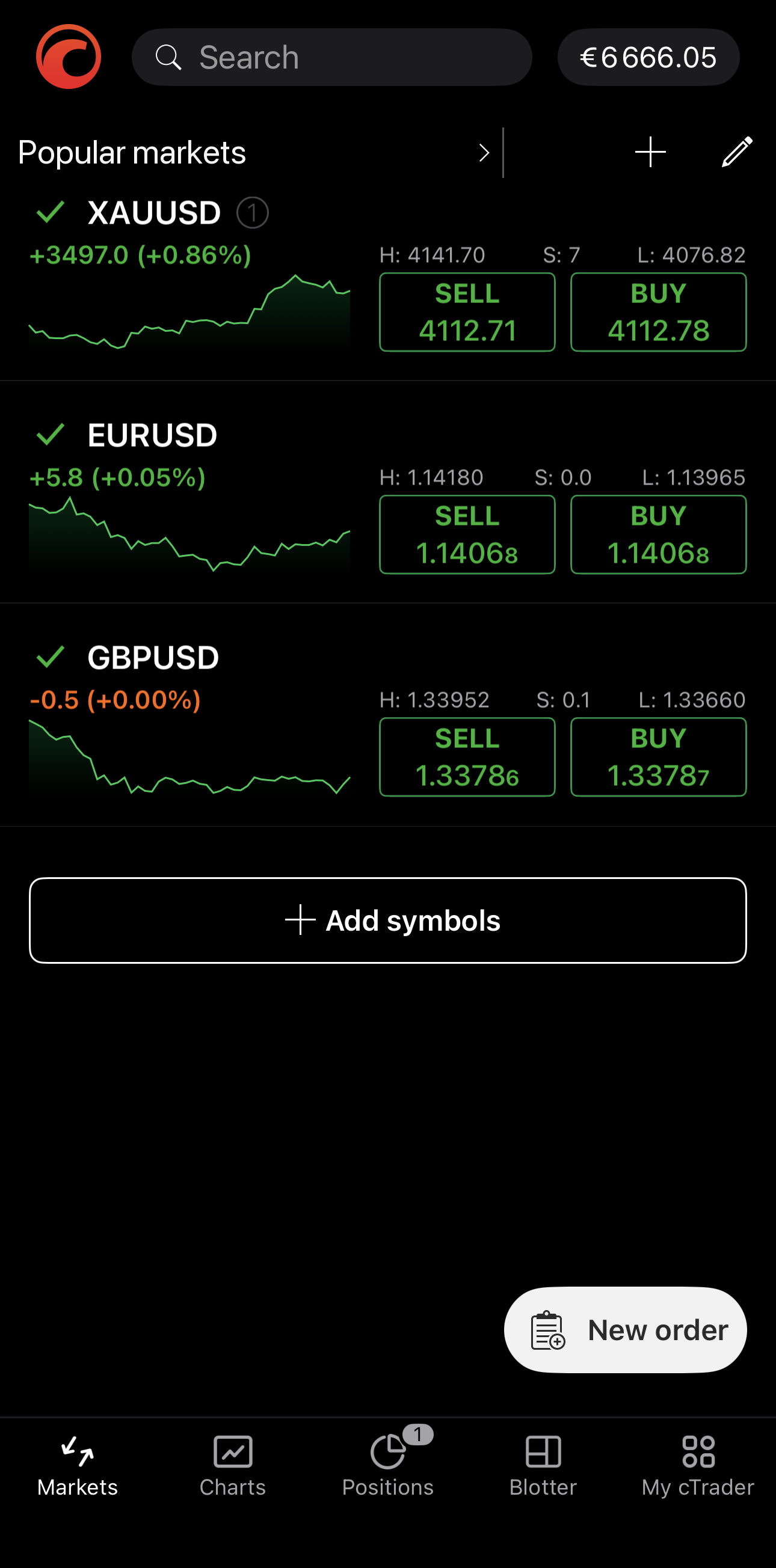 Placing a new order from a watchlist