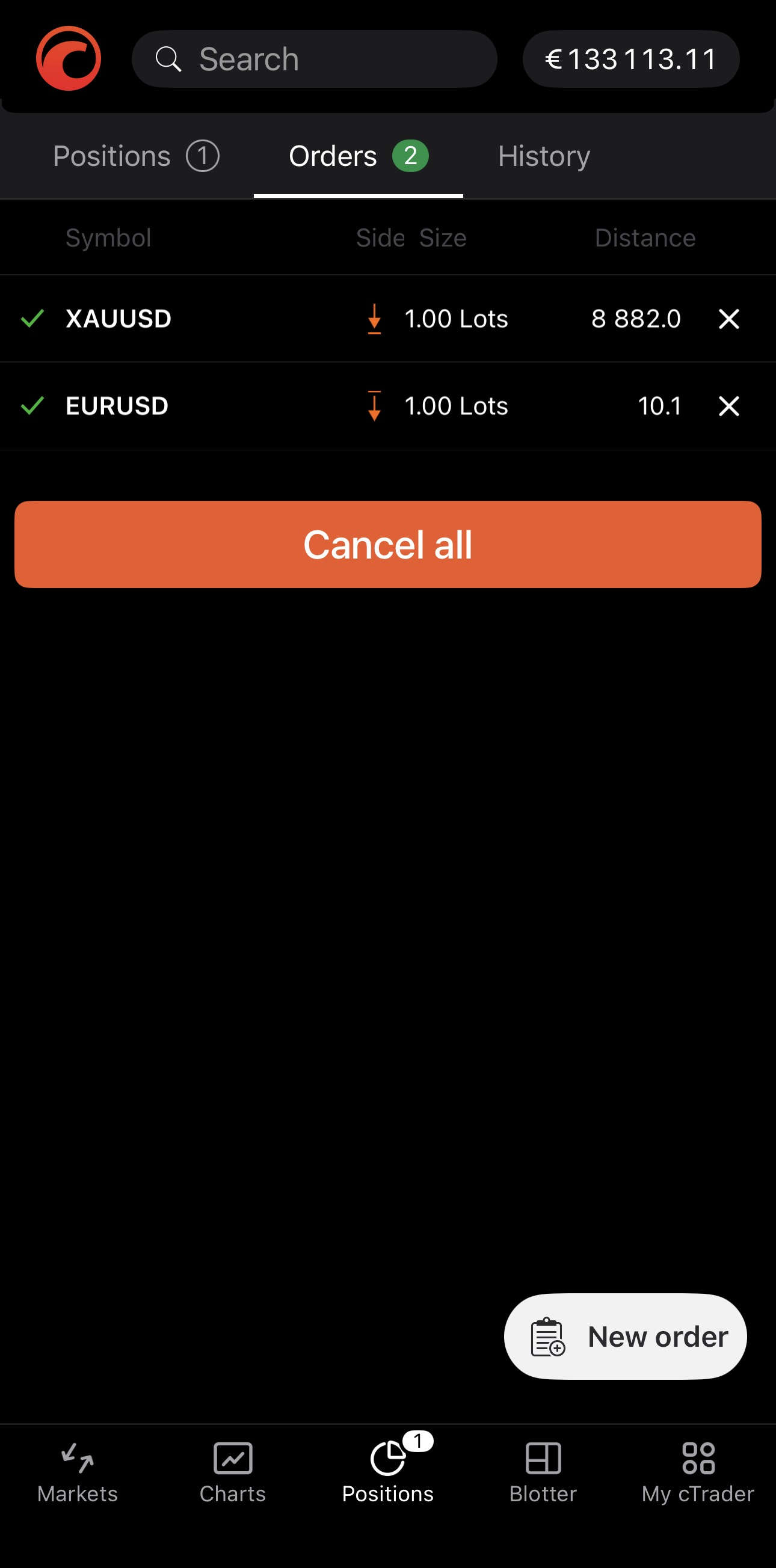 The Orders tab in cTrader Mobile