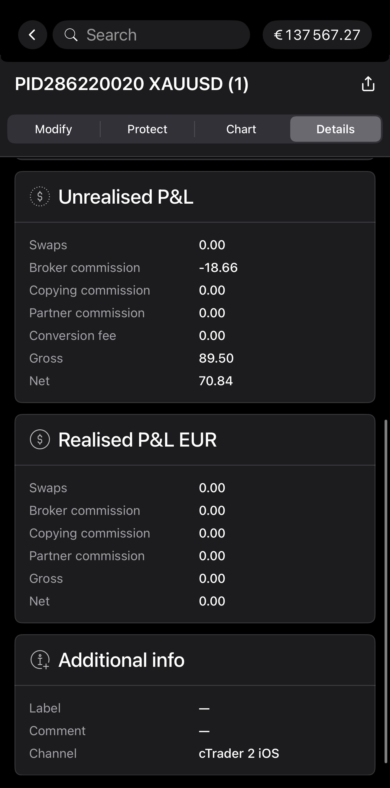 The Info and Protections cards in the Details tab of a position