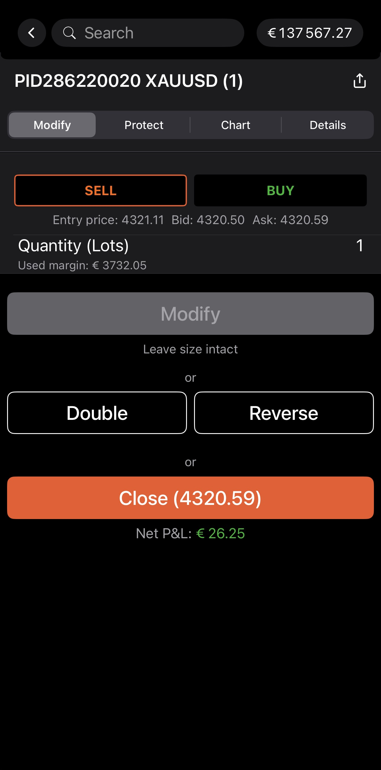 The position menu in cTrader Mobile