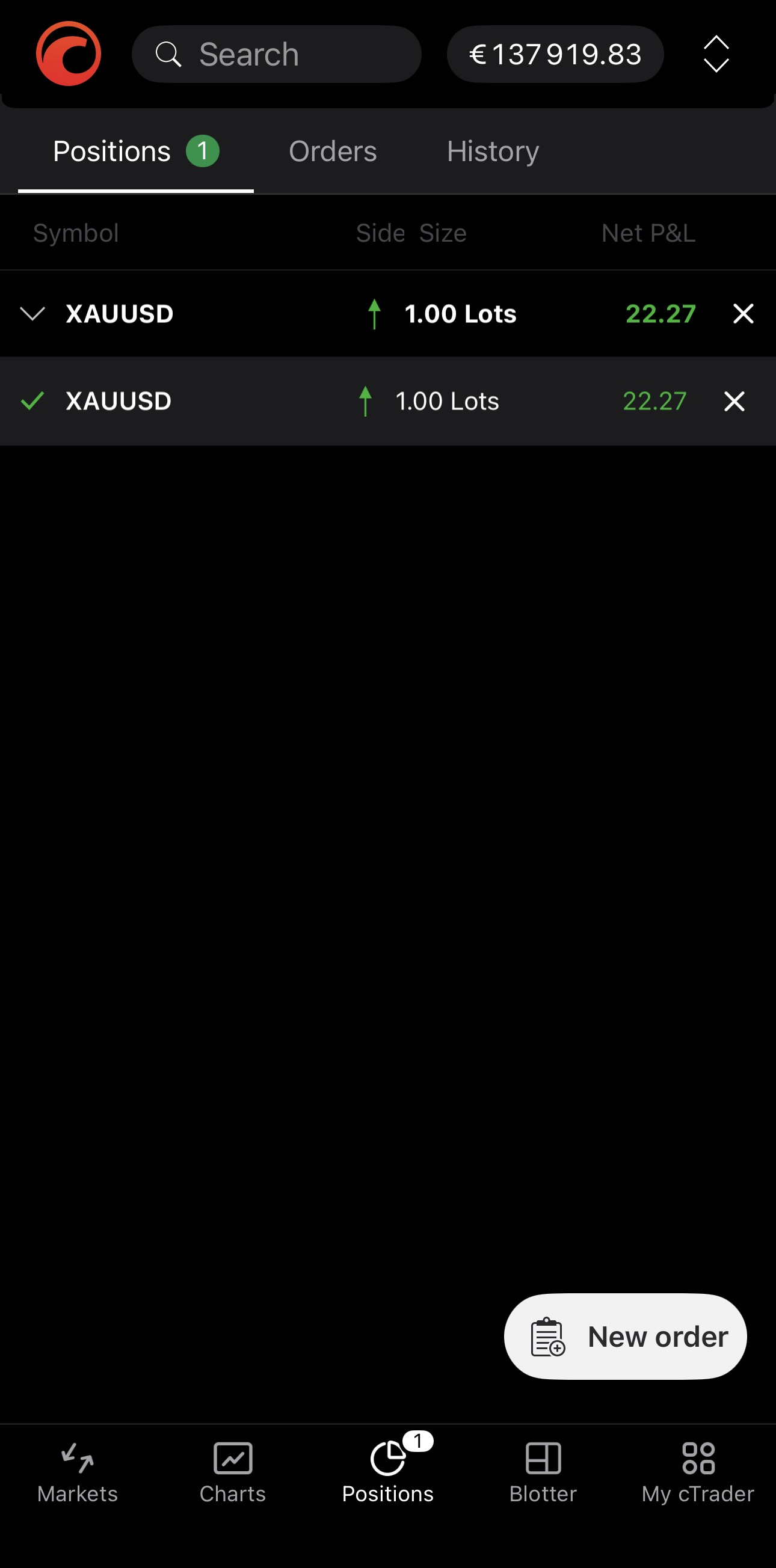 The Positions tab in cTrader Mobile