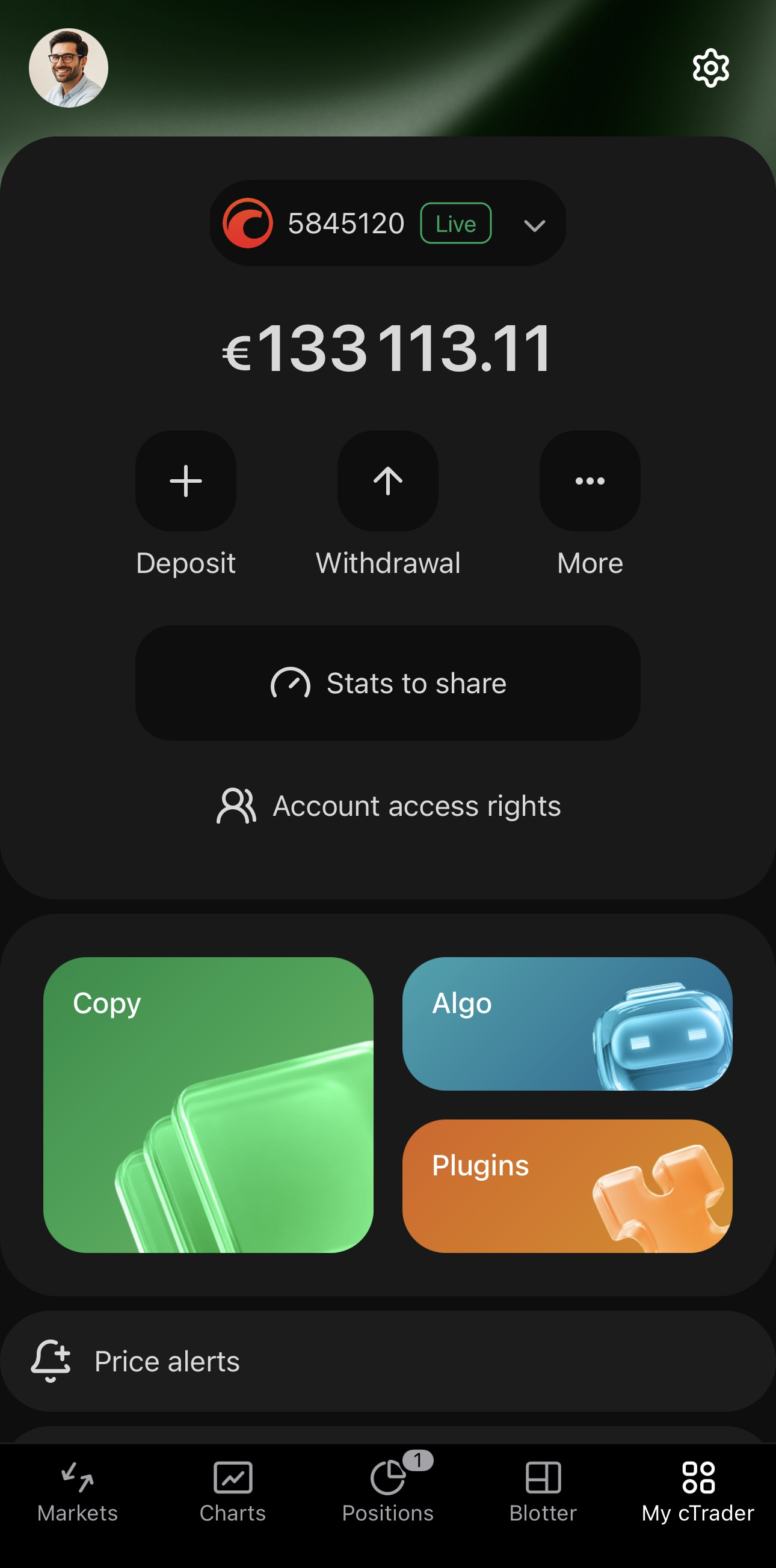 Price alerts in the My cTrader menu of cTrader Mobile