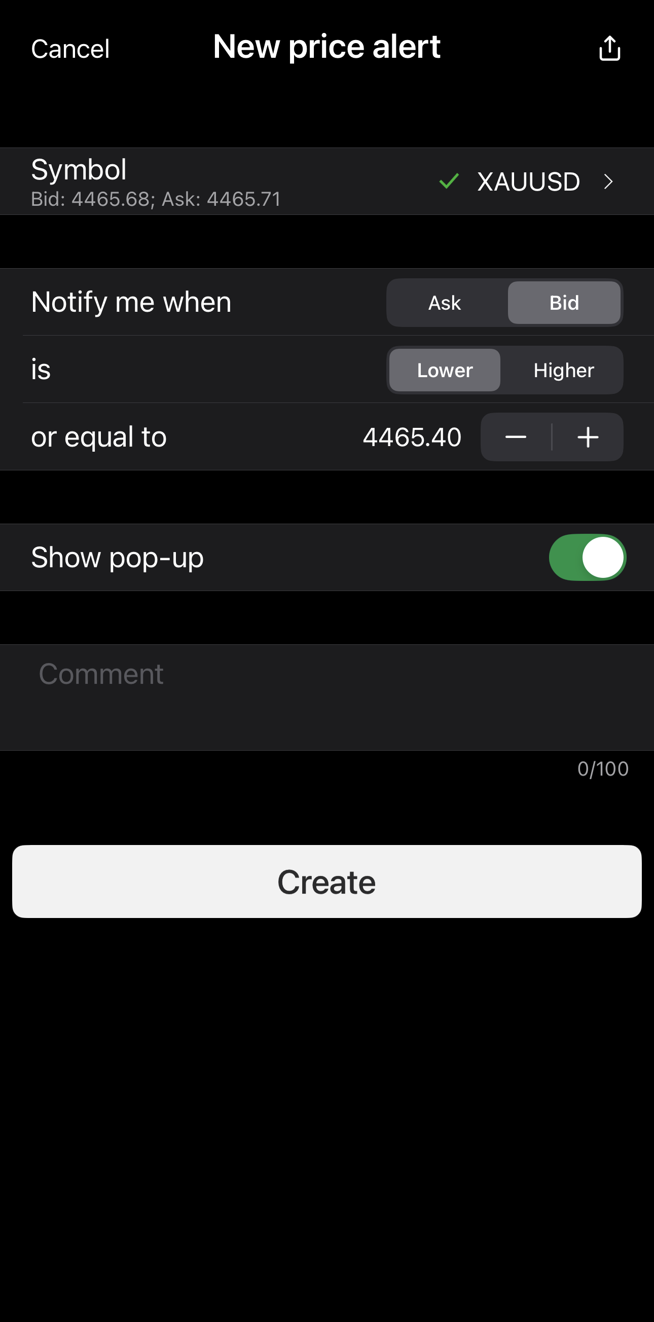 New price alert screen in cTrader Mobile