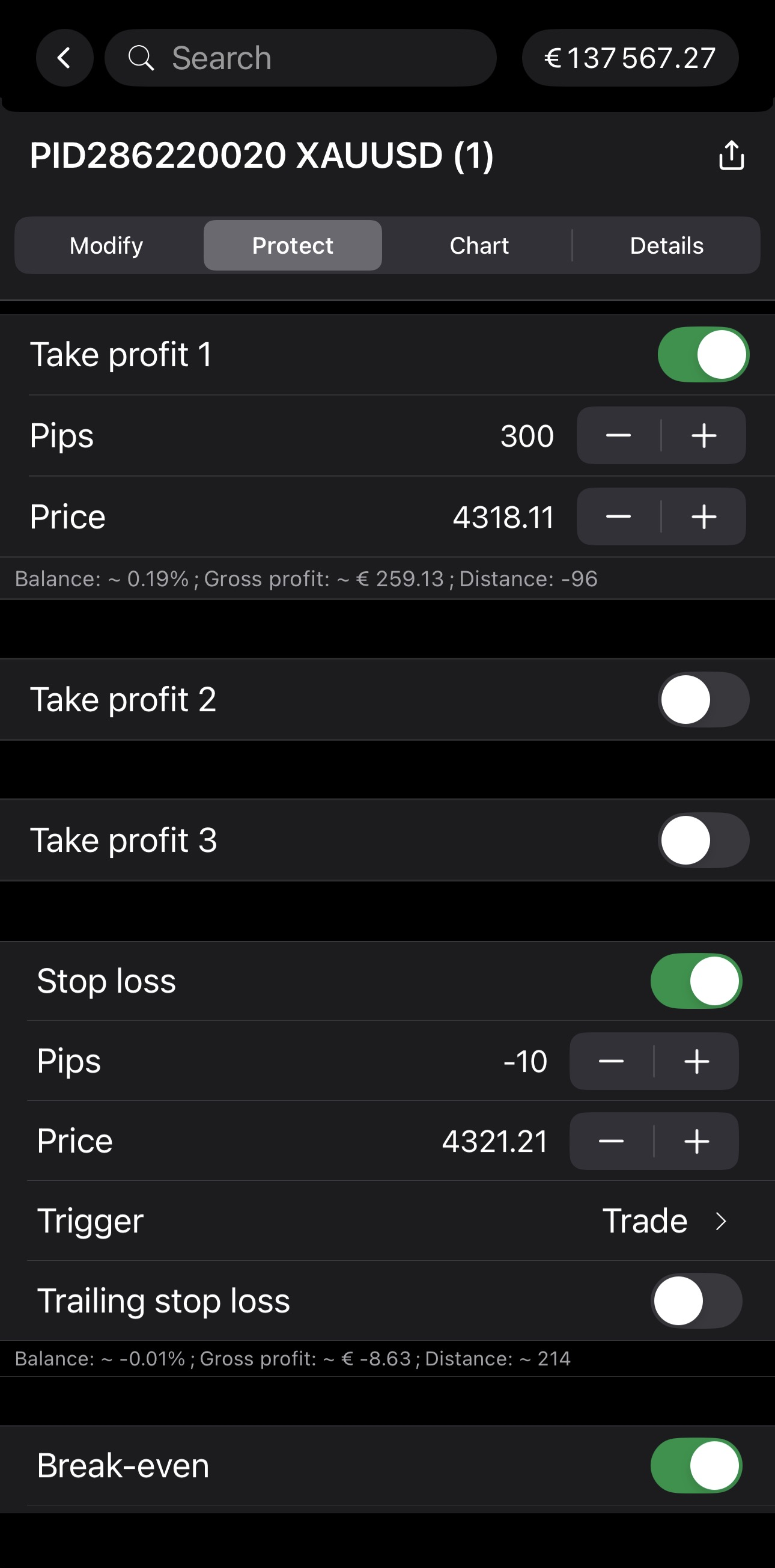 Protecting a position on cTrader Mobile